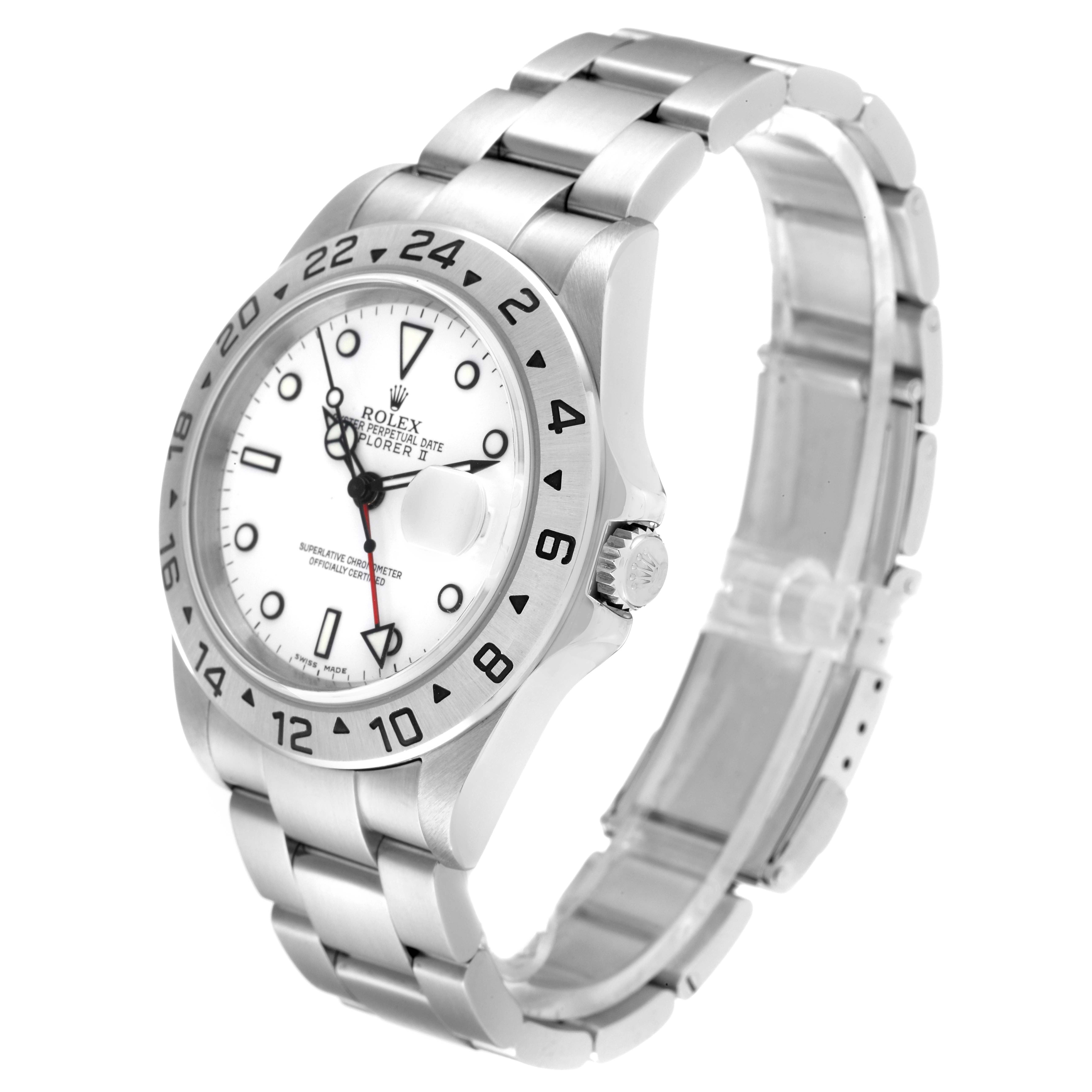 The image shows a side angle of the Rolex Explorer 16570 Men
s Stainless Steel White Dial 16570 Men
s Stainless Steel White Dial model, highlighting the dial, bezel, and bracelet.
