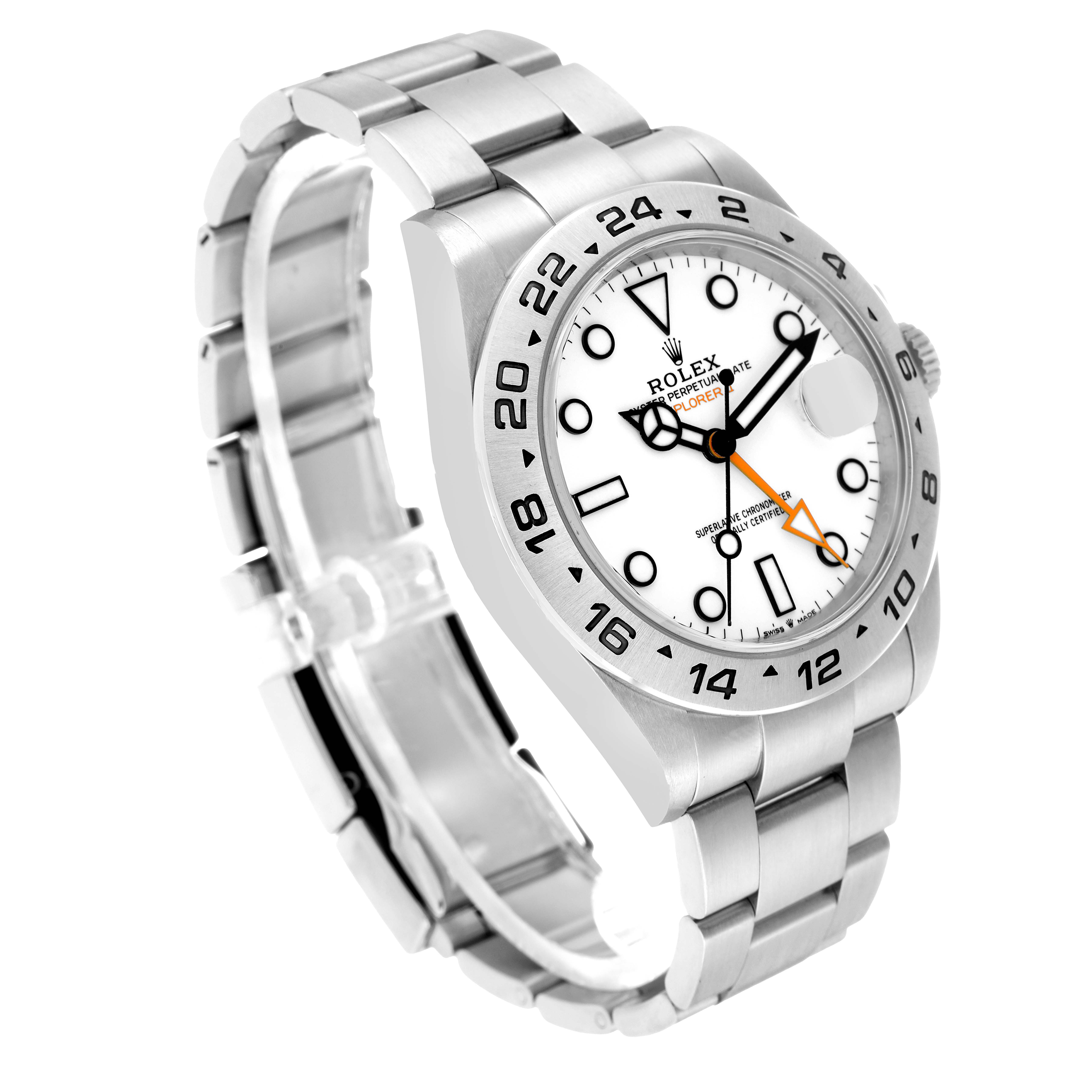 The Rolex Explorer 226570 Men
s Stainless Steel White Dial watch is shown at a slight angle, highlighting the full face, bezel, and part of the bracelet.