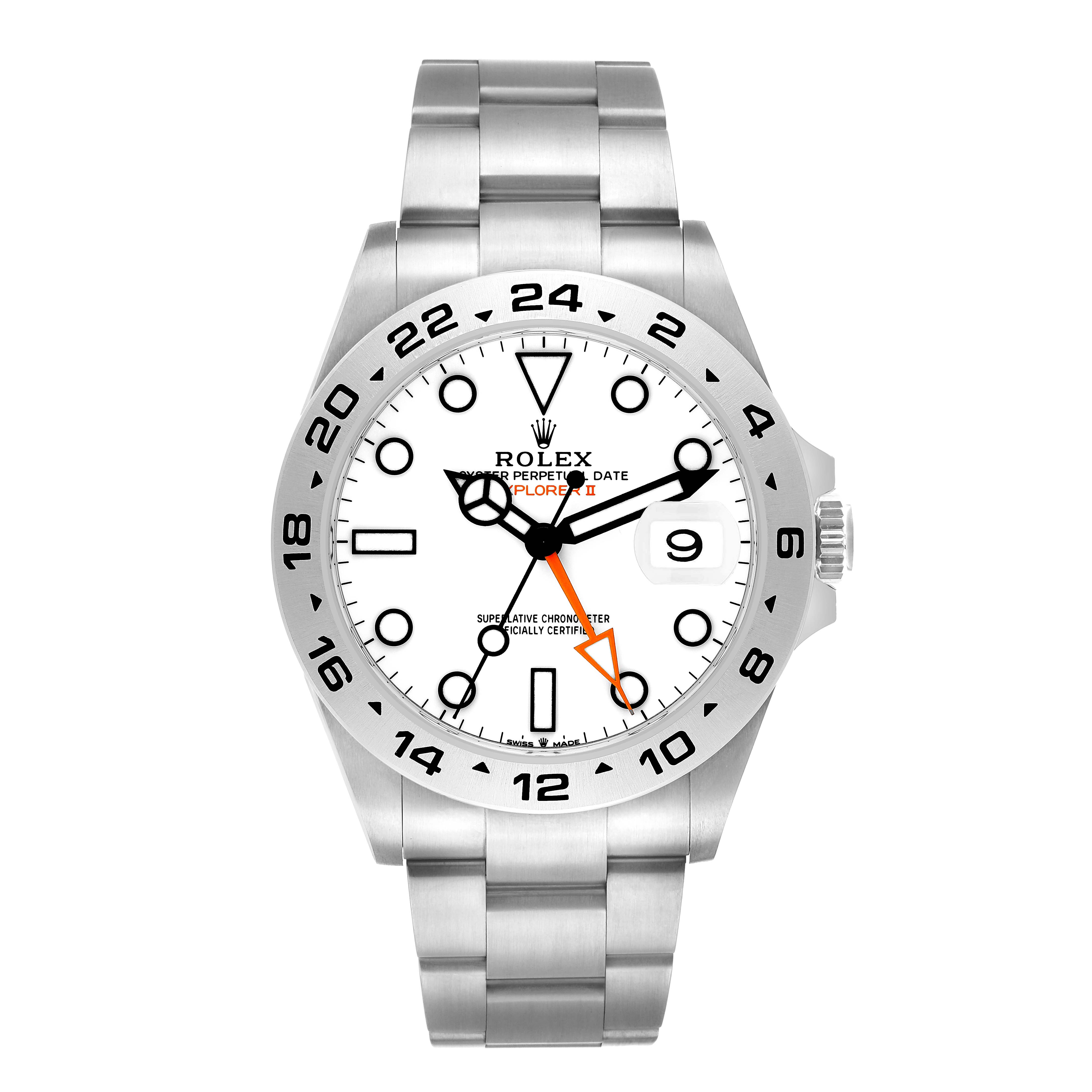 The Rolex Explorer 226570 Men
s Stainless Steel White Dial model watch is shown from a front angle, displaying the dial, bezel, bracelet, and crown.