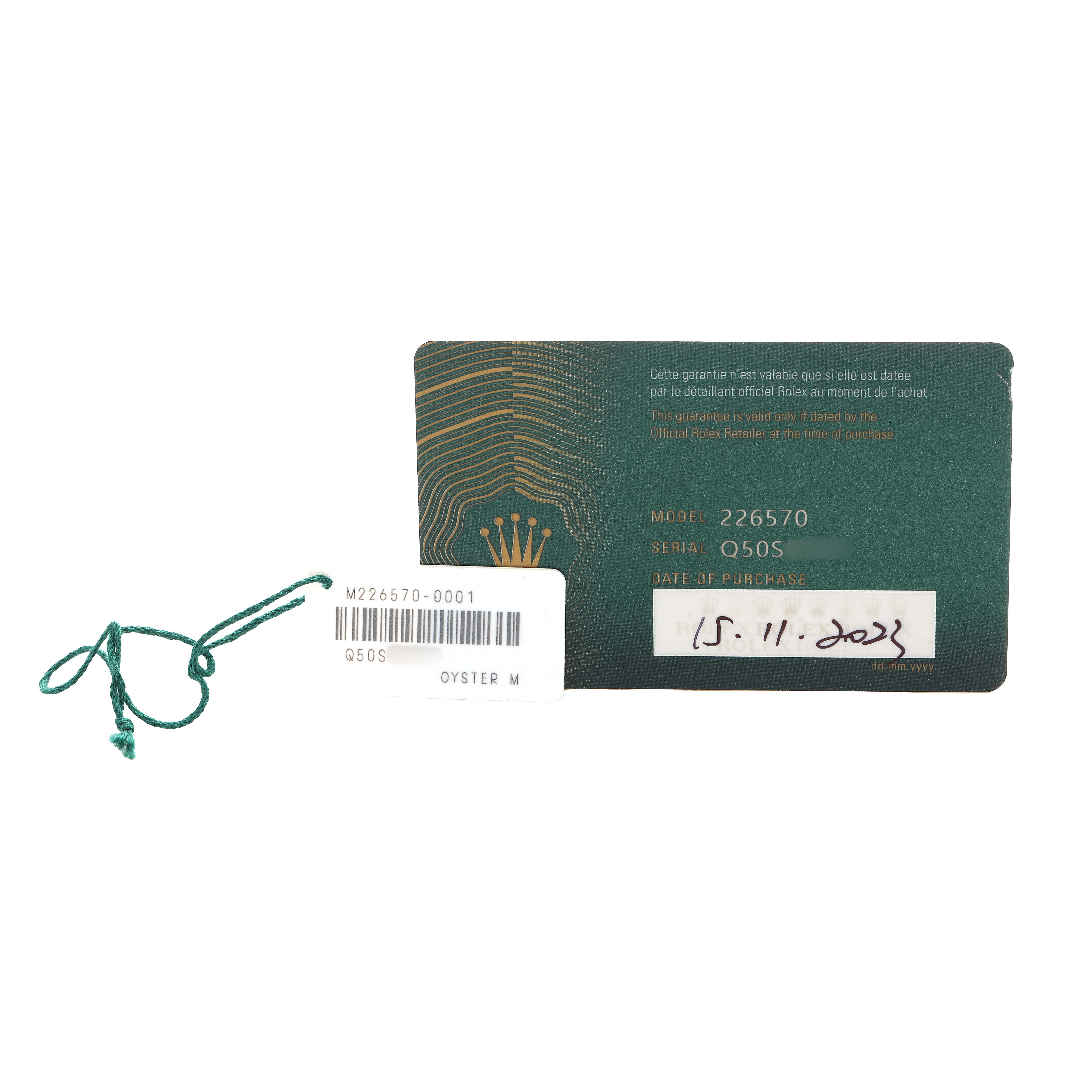 The image shows warranty cards and tags for the Rolex Explorer 226570 Men
s Stainless Steel White Dial model 226570.