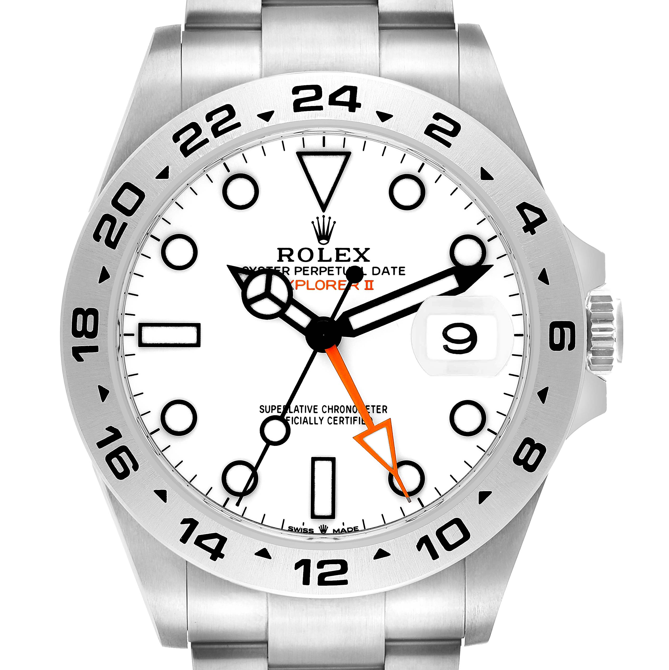 The Rolex Explorer 226570 Men
s Stainless Steel White Dial watch is shown from a front angle, displaying the dial, hands, bezel, and part of the bracelet.