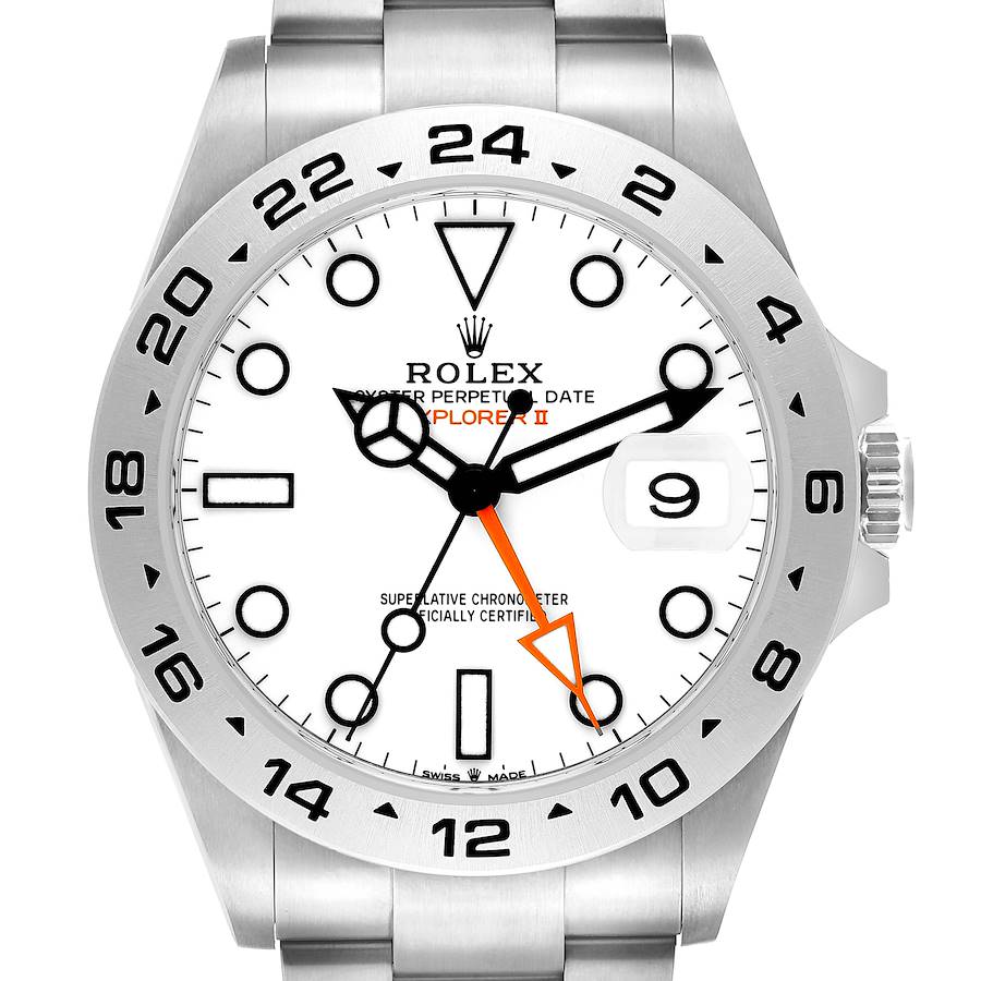 The Rolex Explorer 226570 Men
s Stainless Steel White Dial watch is shown from a front angle, displaying the dial, hands, bezel, and part of the bracelet.