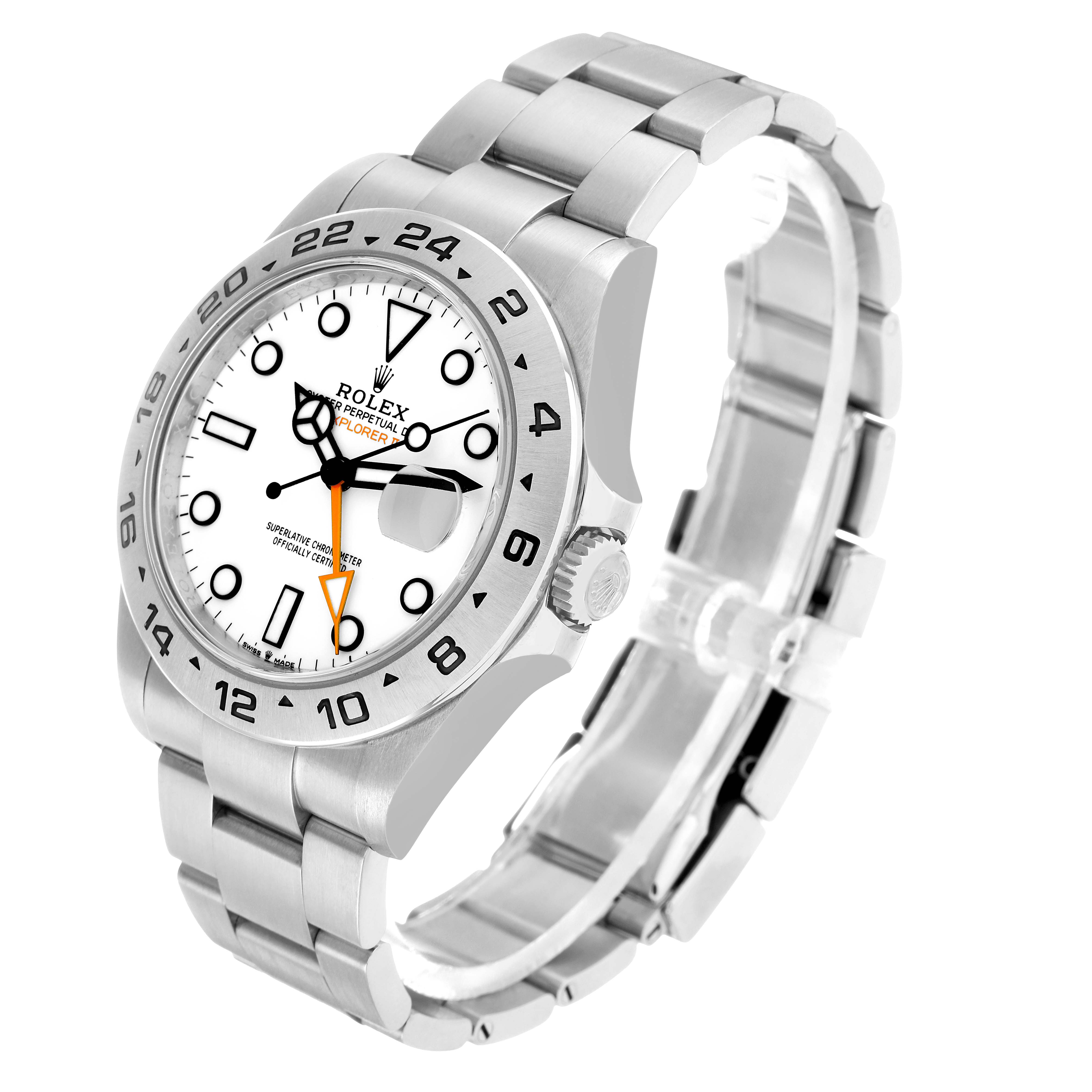The Rolex Explorer 226570 Men
s Stainless Steel White Dial watch is shown at an angled view, displaying its bezel, dial, bracelet, crown, and clasp.
