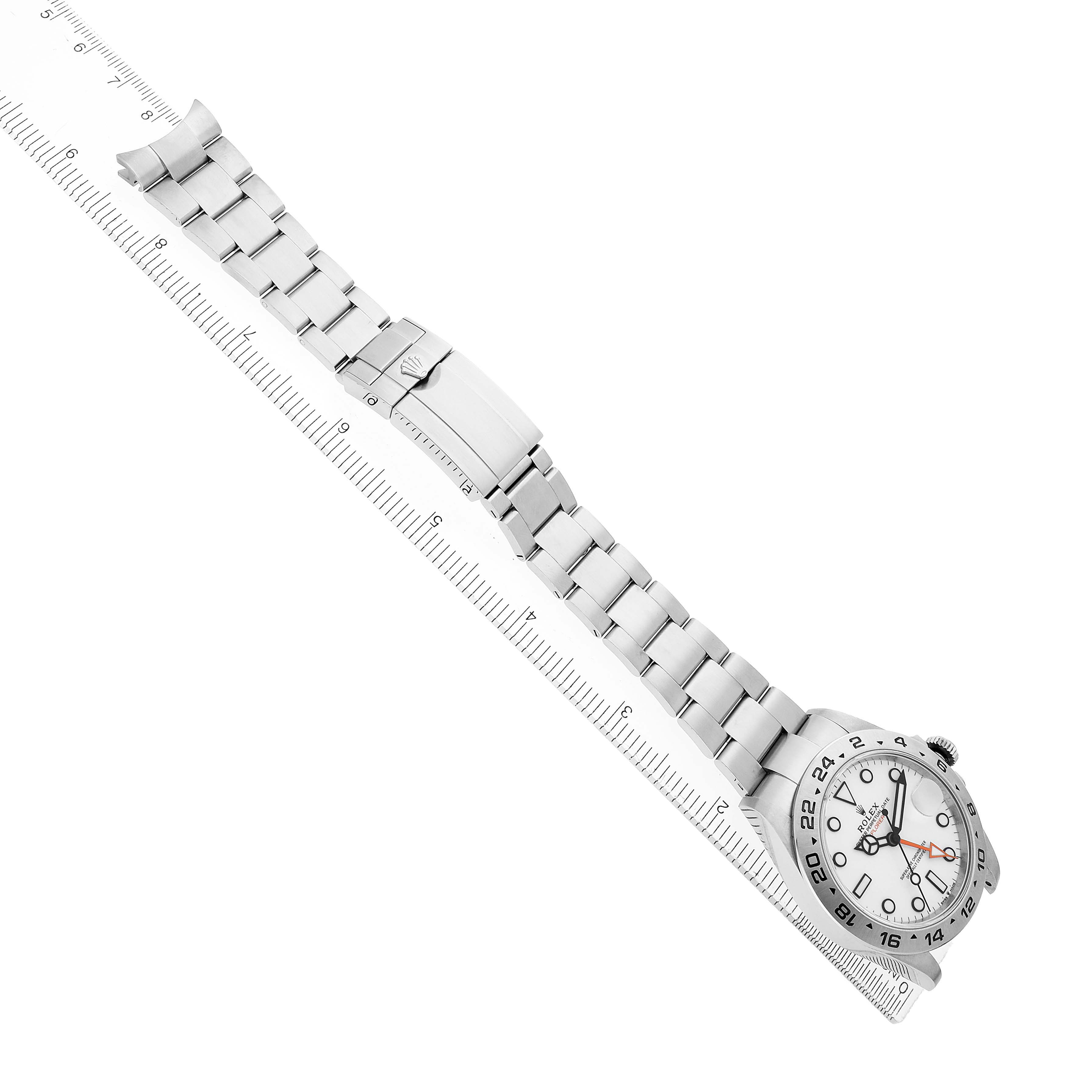 The image shows a Rolex Explorer 226570 Men
s Stainless Steel White Dial watch laid diagonally, highlighting the bracelet, clasp, and face.