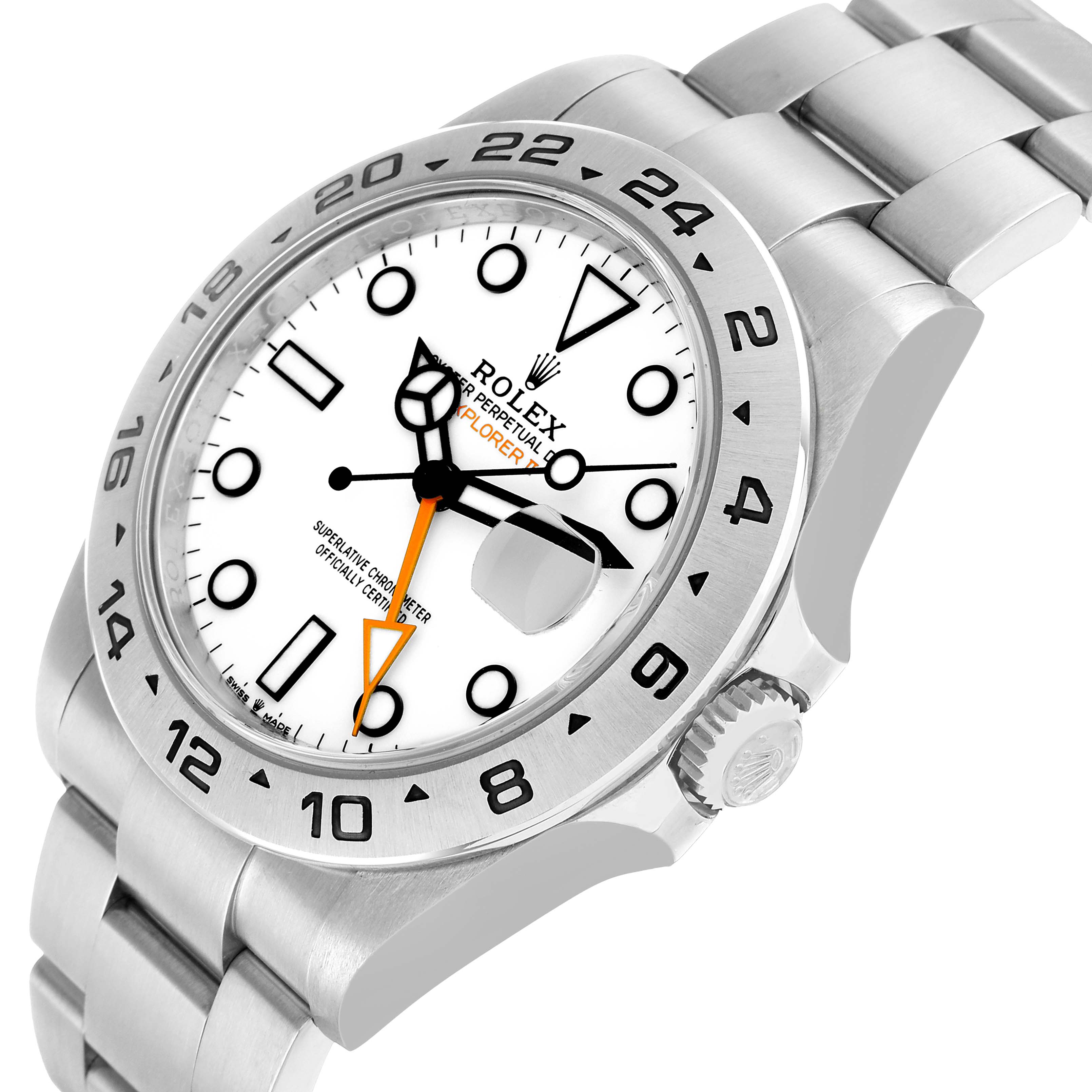 The image shows a Rolex Explorer 226570 Men
s Stainless Steel White Dial watch at a three-quarter angle, highlighting the dial, bezel, and bracelet.