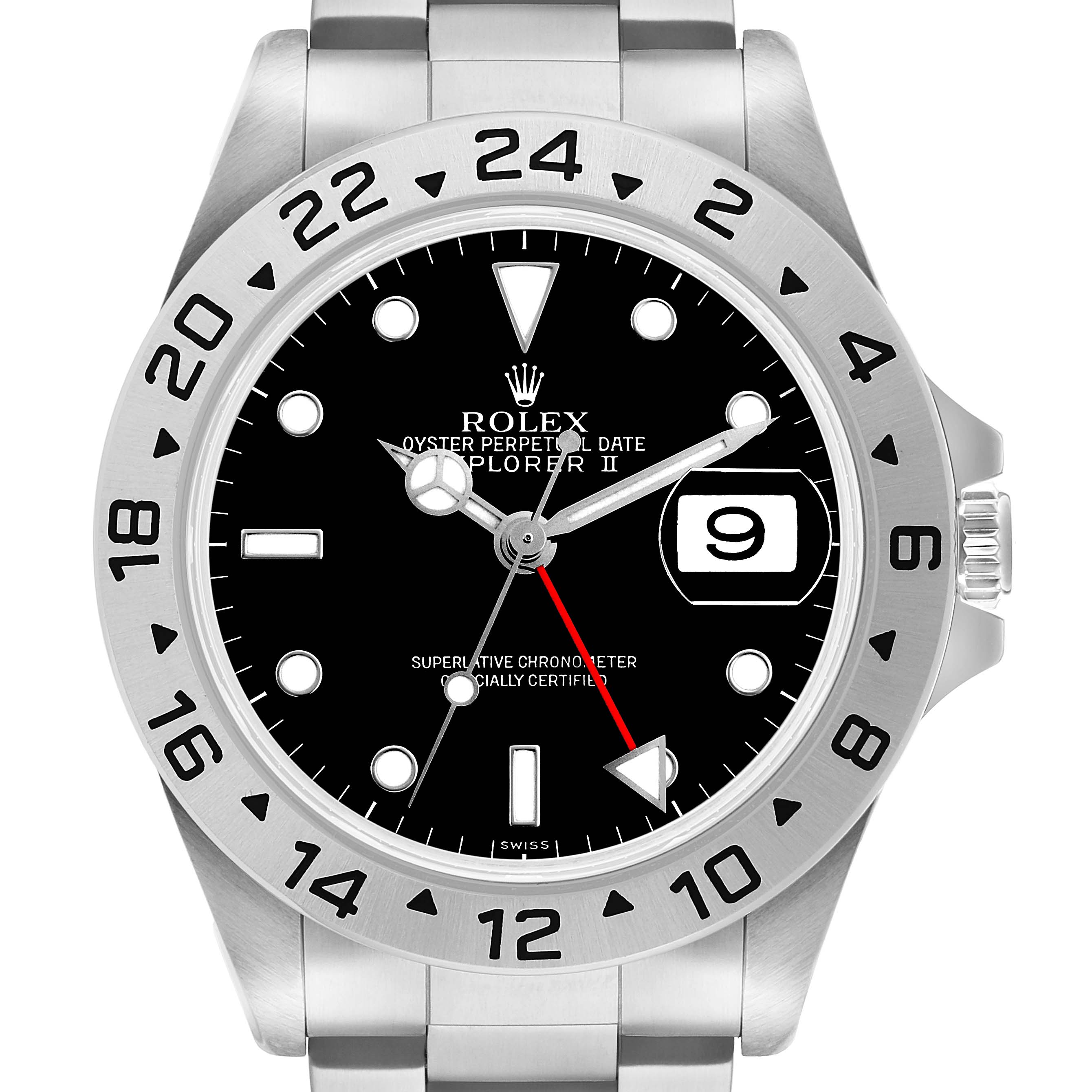 The Rolex Explorer 16570 Men's Stainless Steel Black Dial II watch is shown from the front, highlighting the dial, bezel, hands, and bracelet.
