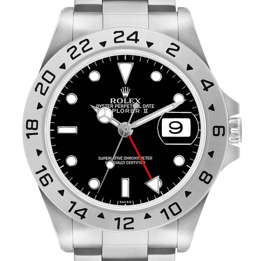 The Rolex Explorer 16570 Men's Stainless Steel Black Dial II watch is shown from the front, highlighting the dial, bezel, hands, and bracelet.