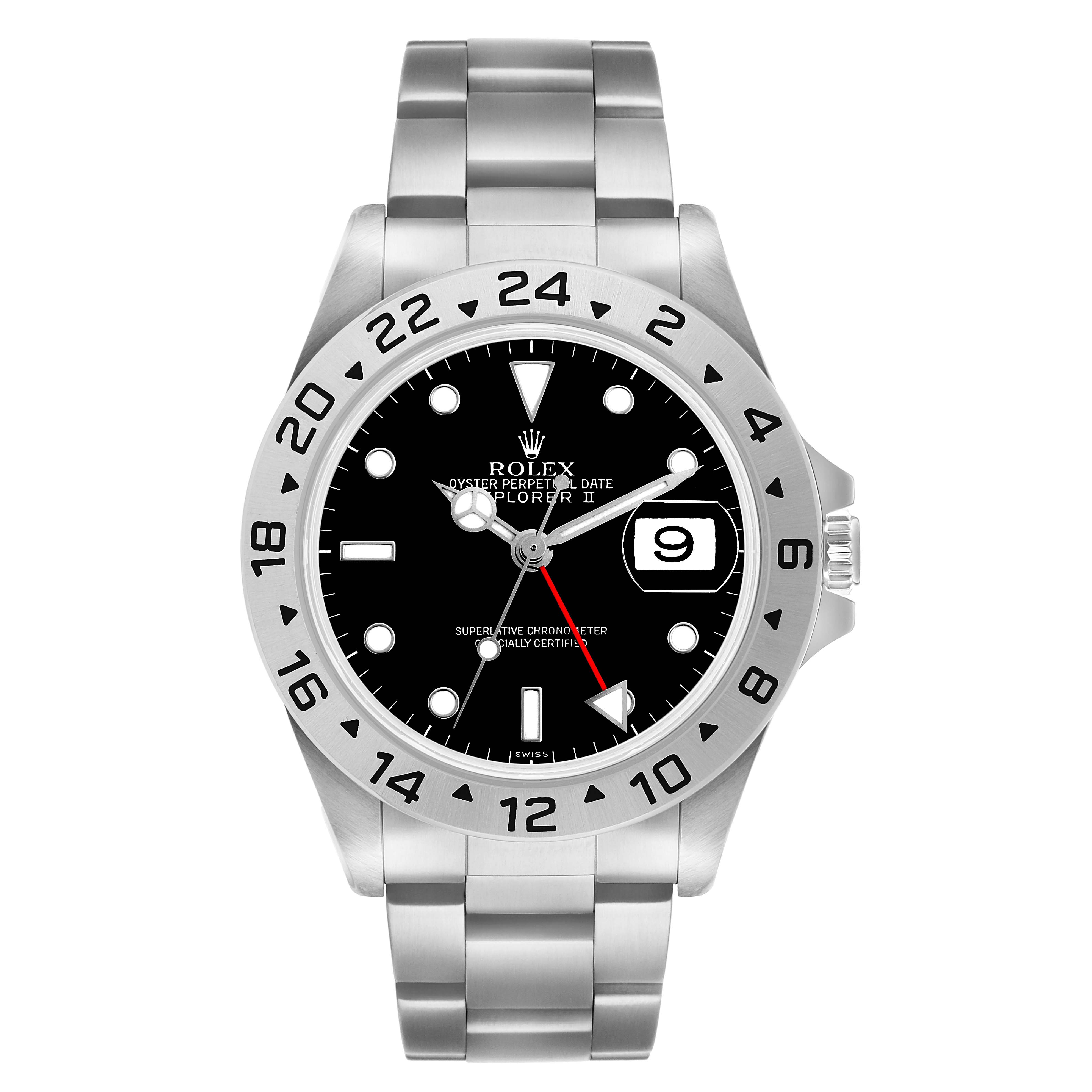 The Rolex Explorer 16570 Men's Stainless Steel Black Dial watch is shown from the front, displaying the bezel, dial, hands, and bracelet.