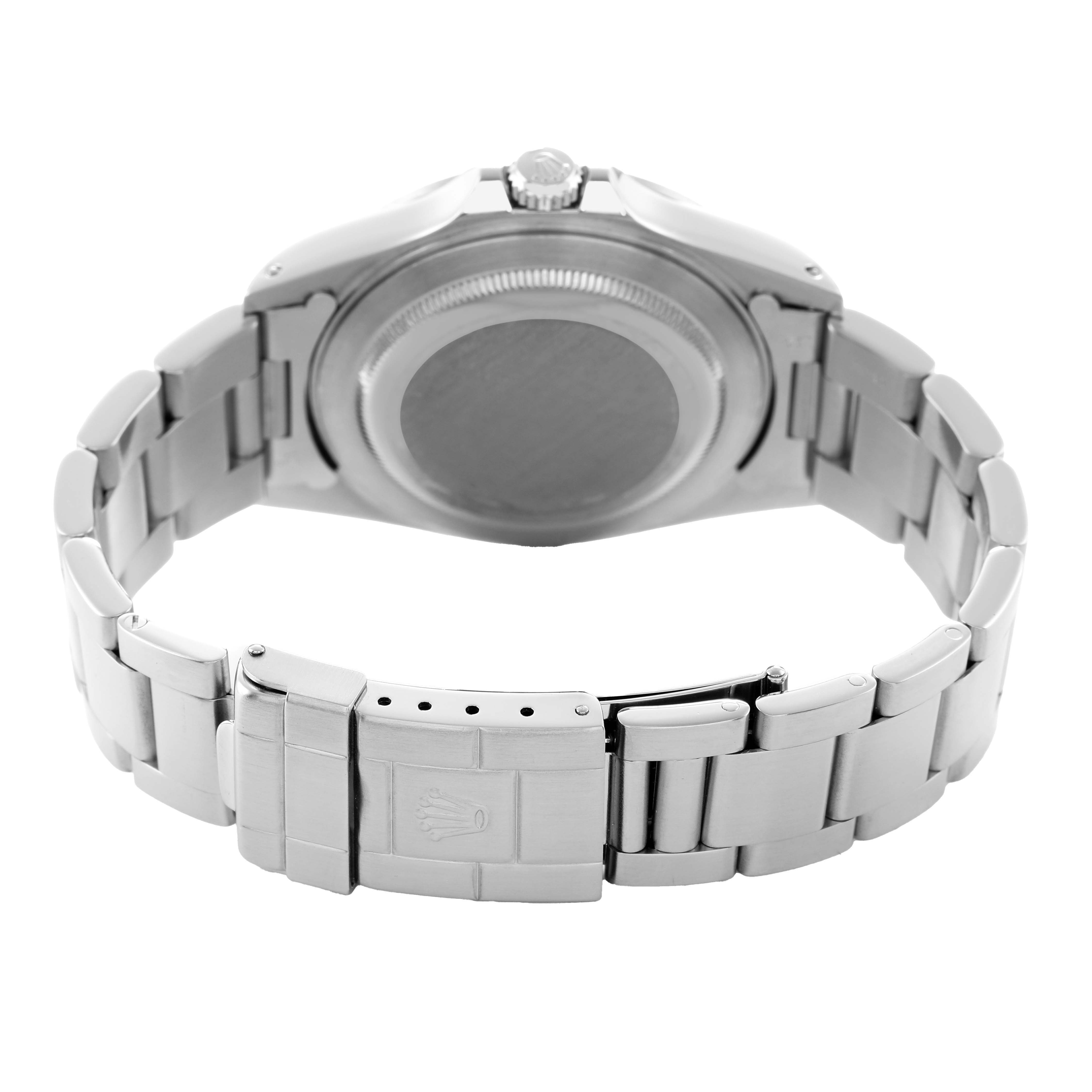 The Rolex Explorer 16570 Men's Stainless Steel Black Dial watch is shown from the back, displaying the bracelet, clasp, and case back.