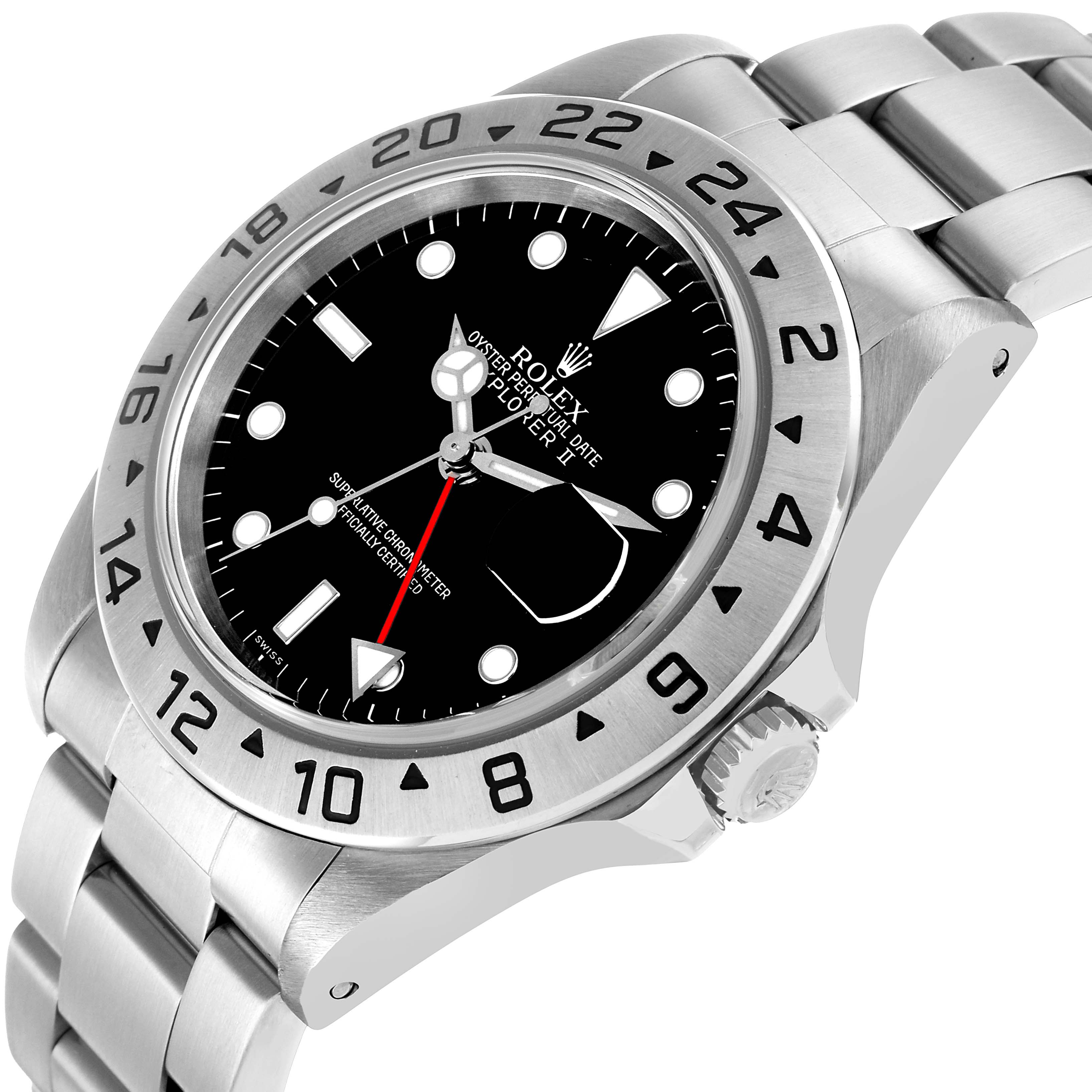 The image shows a Rolex Explorer 16570 Men's Stainless Steel Black Dial watch at a three-quarter angle, highlighting the bezel, dial, and bracelet.