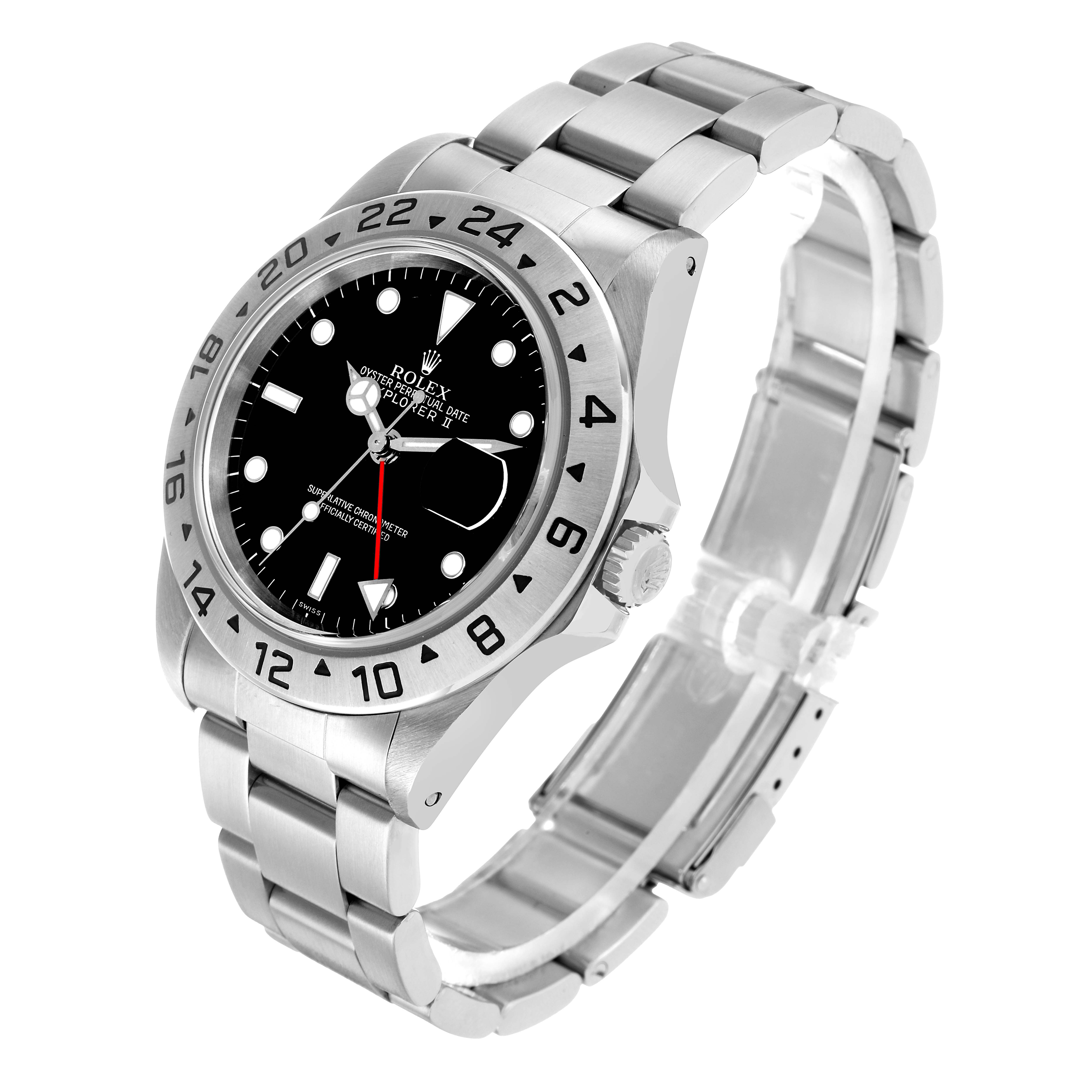 The Rolex Explorer 16570 Men's Stainless Steel Black Dial watch is shown at an angled side view, displaying the bezel, dial, bracelet, and crown.