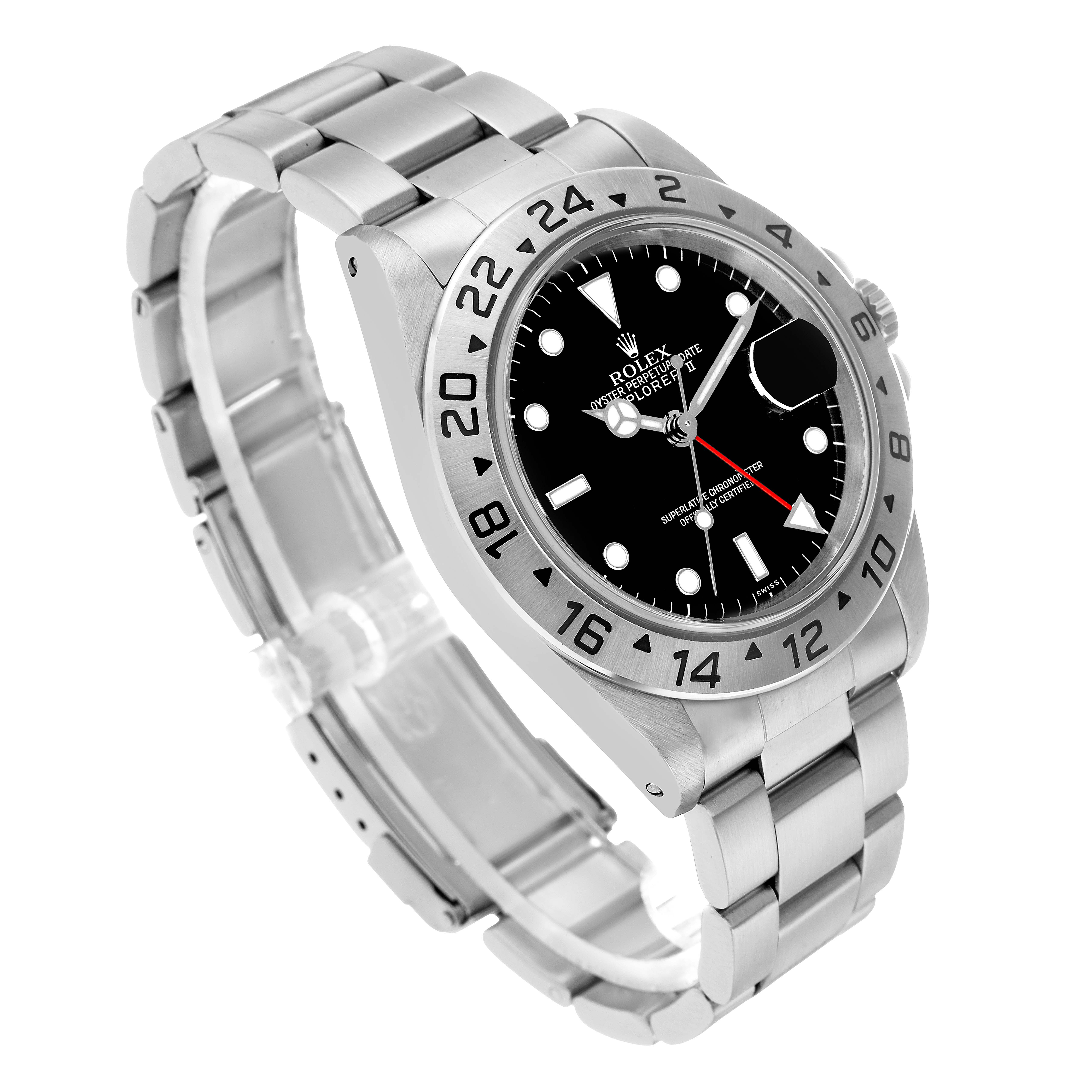 The Rolex Explorer 16570 Men's Stainless Steel Black Dial watch is displayed at an angled view showing the dial, bezel, bracelet, and crown.