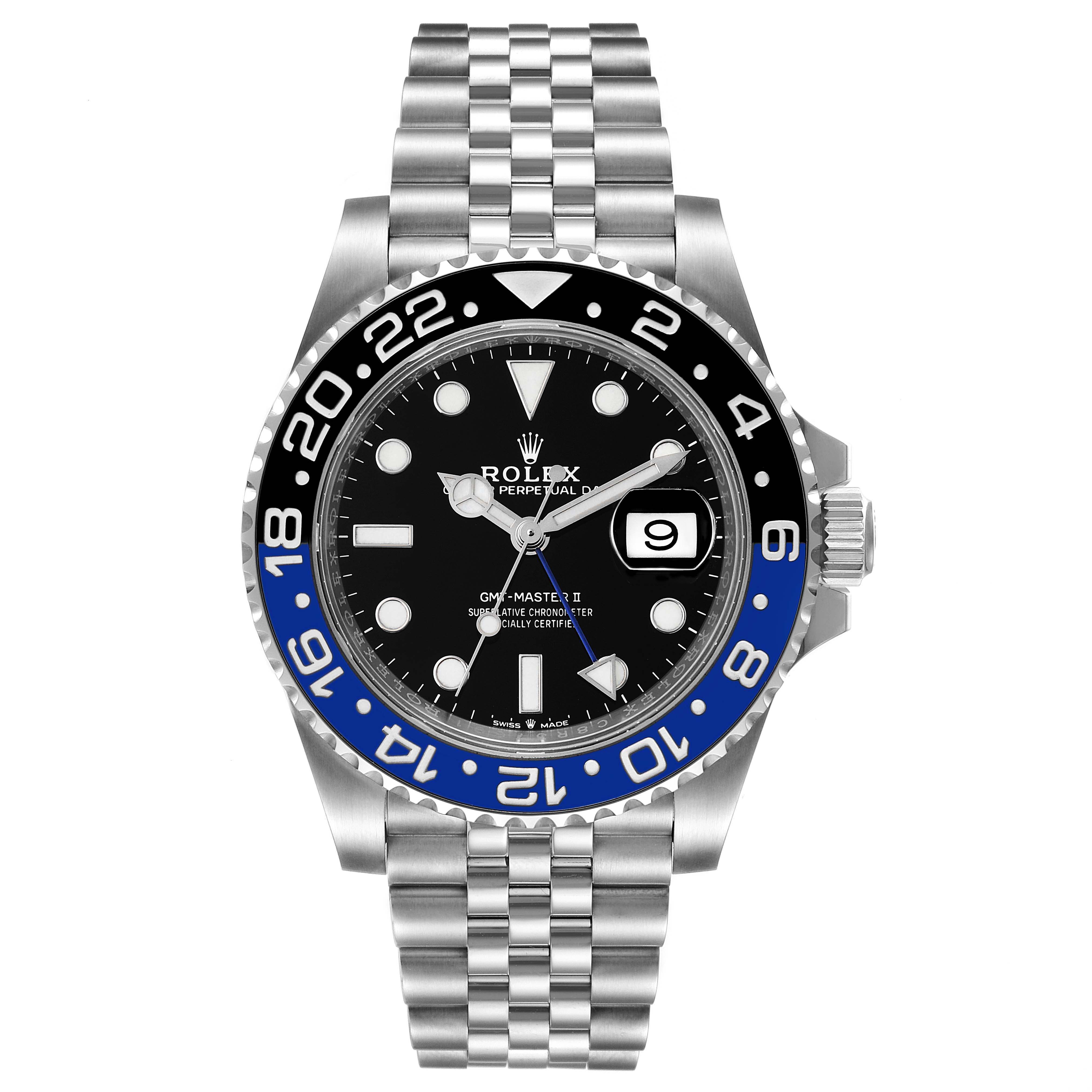 This is a front-angle view of a Rolex GMT-Master 126710 Men
s Stainless Steel Black Dial 126710 Men
s Stainless Steel Black Dial II watch, showcasing its bezel, dial, hands, bracelet, and date window.