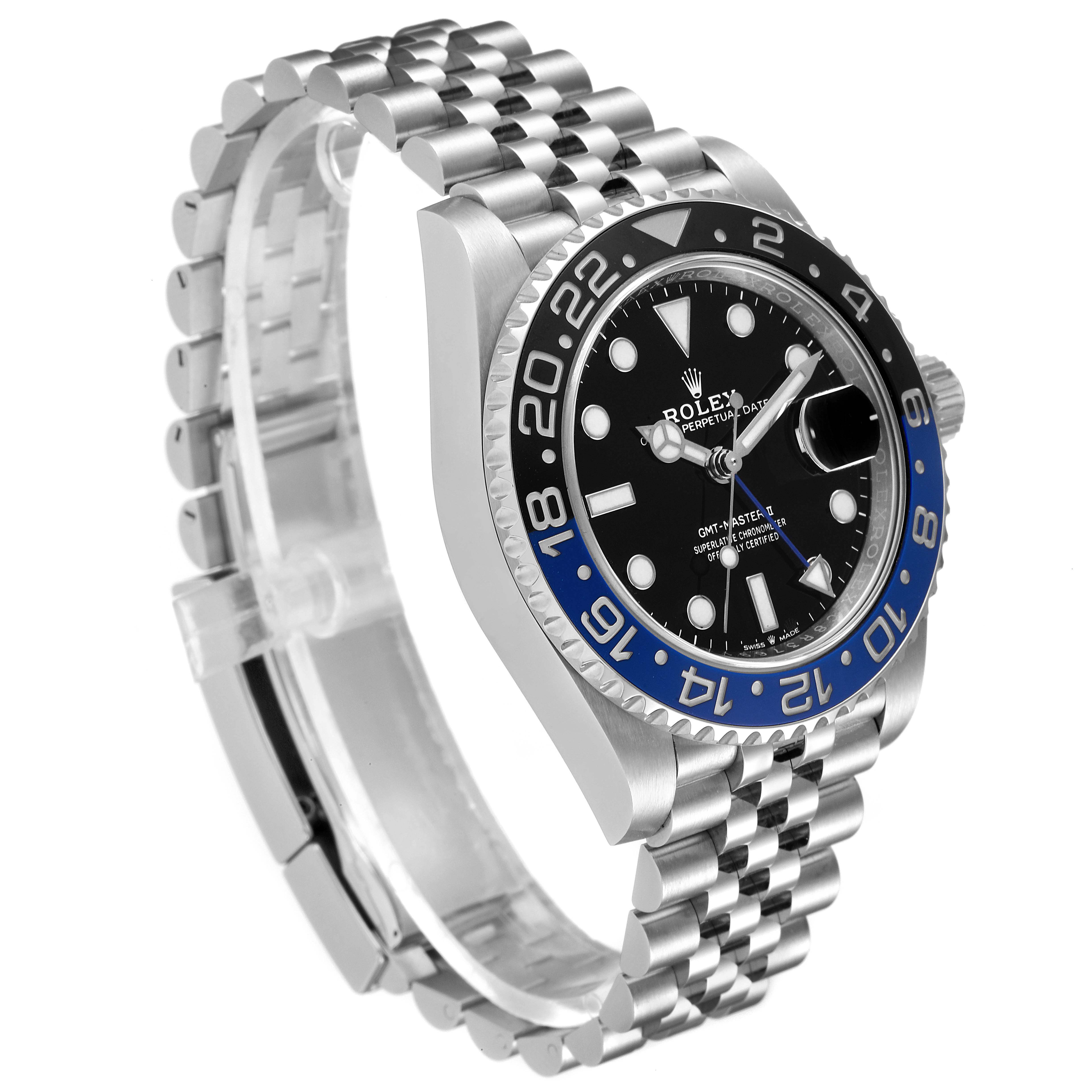 The image shows a Rolex GMT-Master 126710 Men
s Stainless Steel Black Dial 126710 Men
s Stainless Steel Black Dial watch angled to display its face, bezel, crown, and Jubilee bracelet.