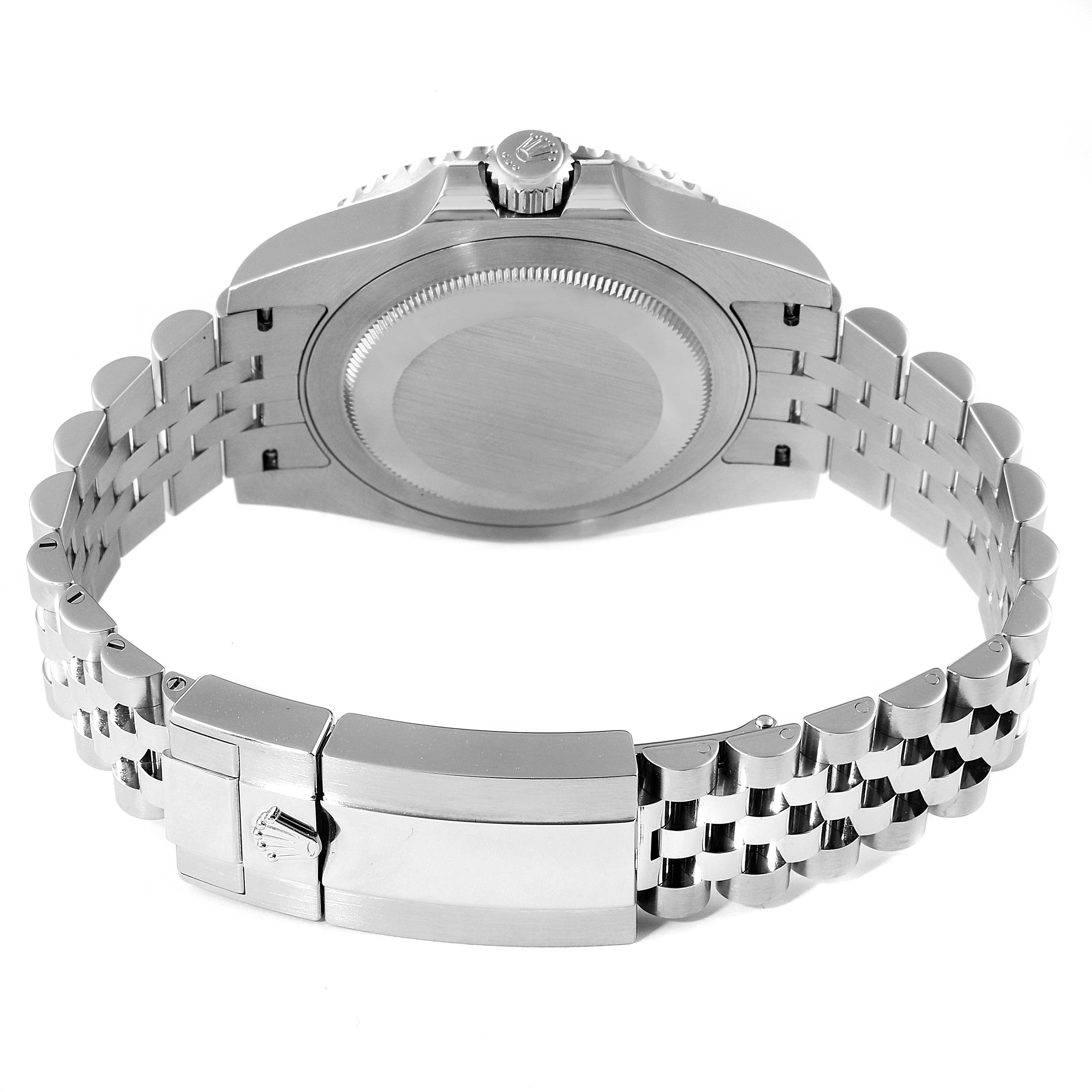 This image shows the back view of a Rolex GMT-Master 126710 Men
s Stainless Steel Black Dial 126710 Men
s Stainless Steel Black Dial watch, focusing on the case back, crown, and bracelet clasp.