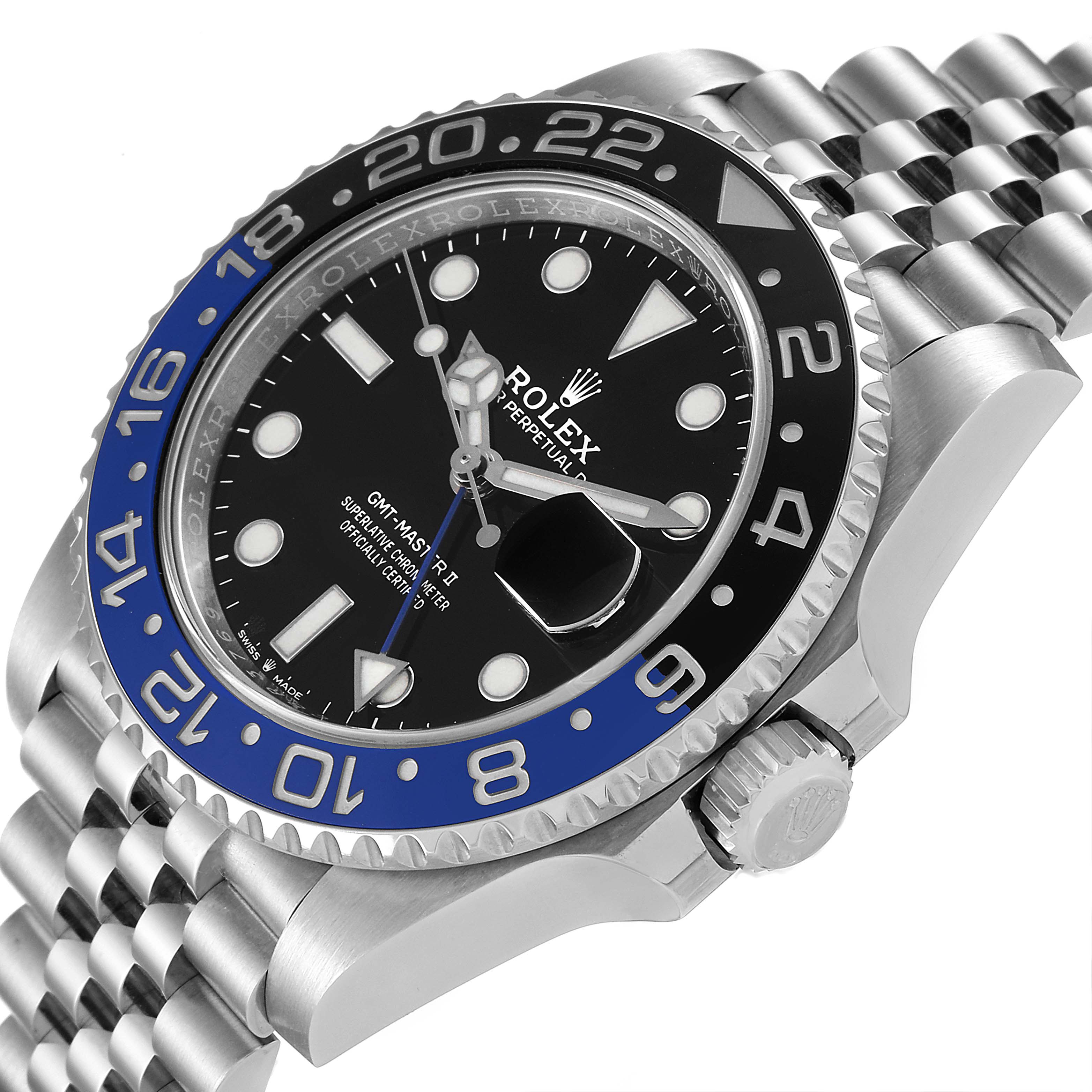 This image shows a Rolex GMT-Master 126710 Men
s Stainless Steel Black Dial 126710 Men
s Stainless Steel Black Dial watch, highlighting its dial, bezel, crown, and part of the bracelet at an angled view.