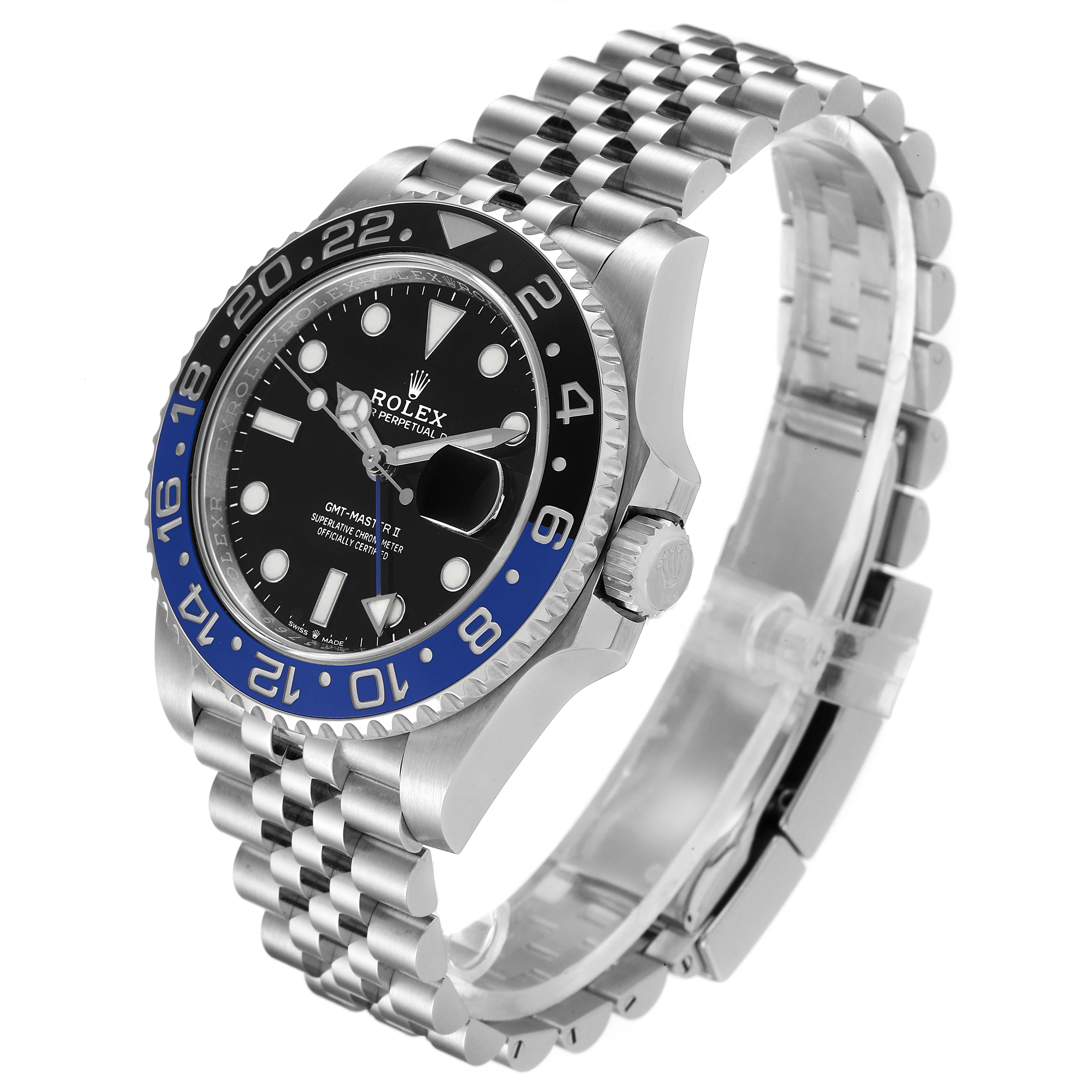 The image shows a side angle of the Rolex GMT-Master 126710 Men
s Stainless Steel Black Dial 126710 Men
s Stainless Steel Black Dial watch, highlighting its bezel, dial, hands, bracelet, and clasp.