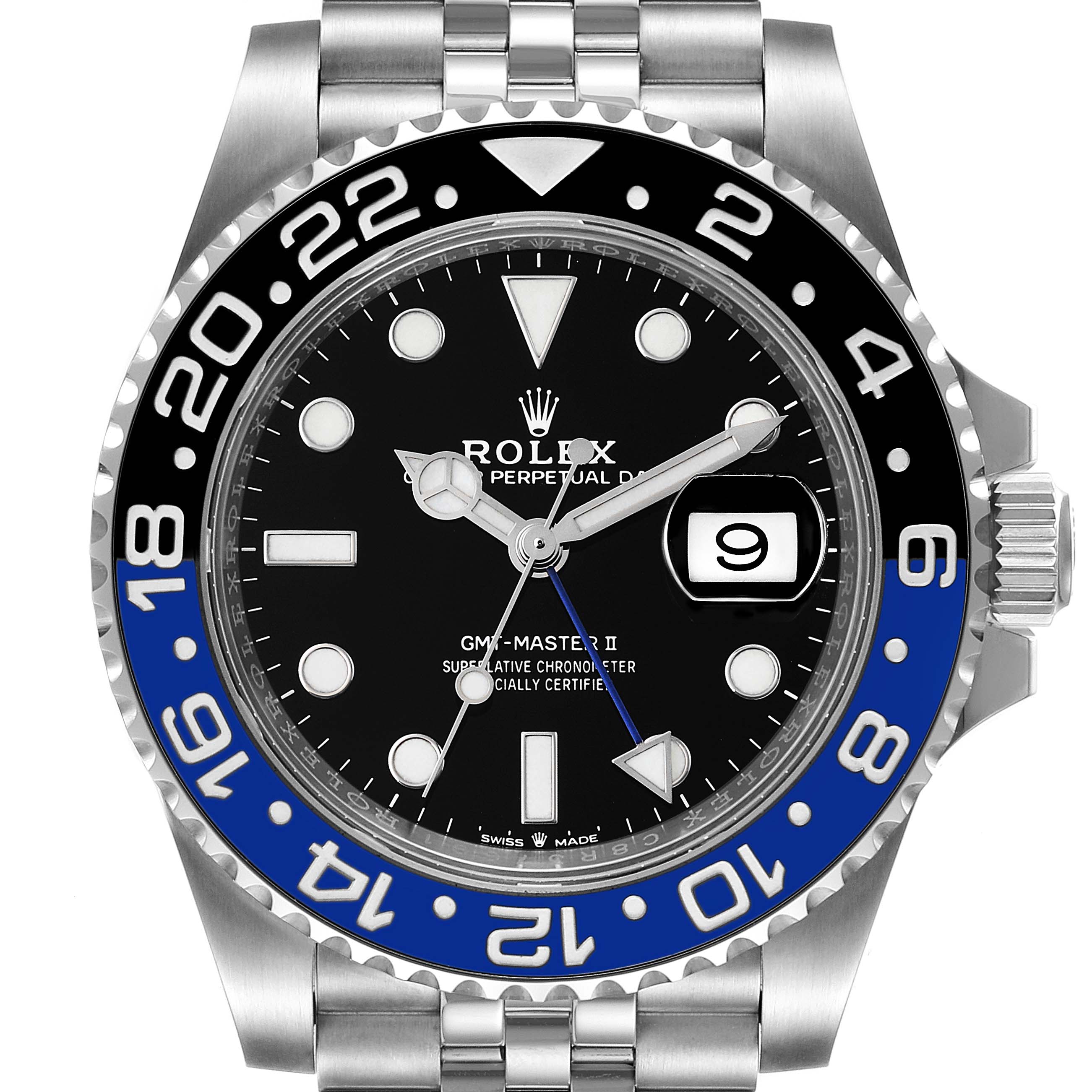 The image shows the front view of a Rolex GMT-Master 126710 Men
s Stainless Steel Black Dial 126710 Men
s Stainless Steel Black Dial II watch, highlighting the dial, bezel, and part of the bracelet.