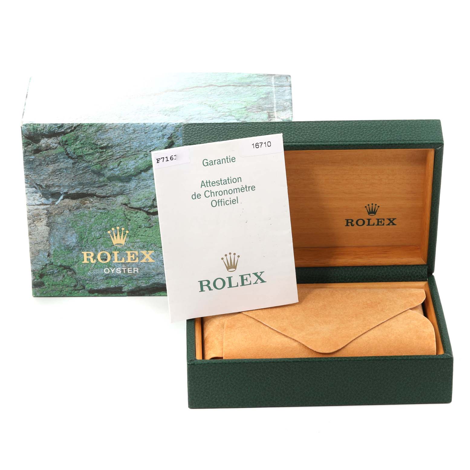 The image shows a closed green box and a booklet for a Rolex GMT-Master 16710 Men's Stainless Steel Black Dial 16710 Men's Stainless Steel Black Dial watch, with additional packaging material.