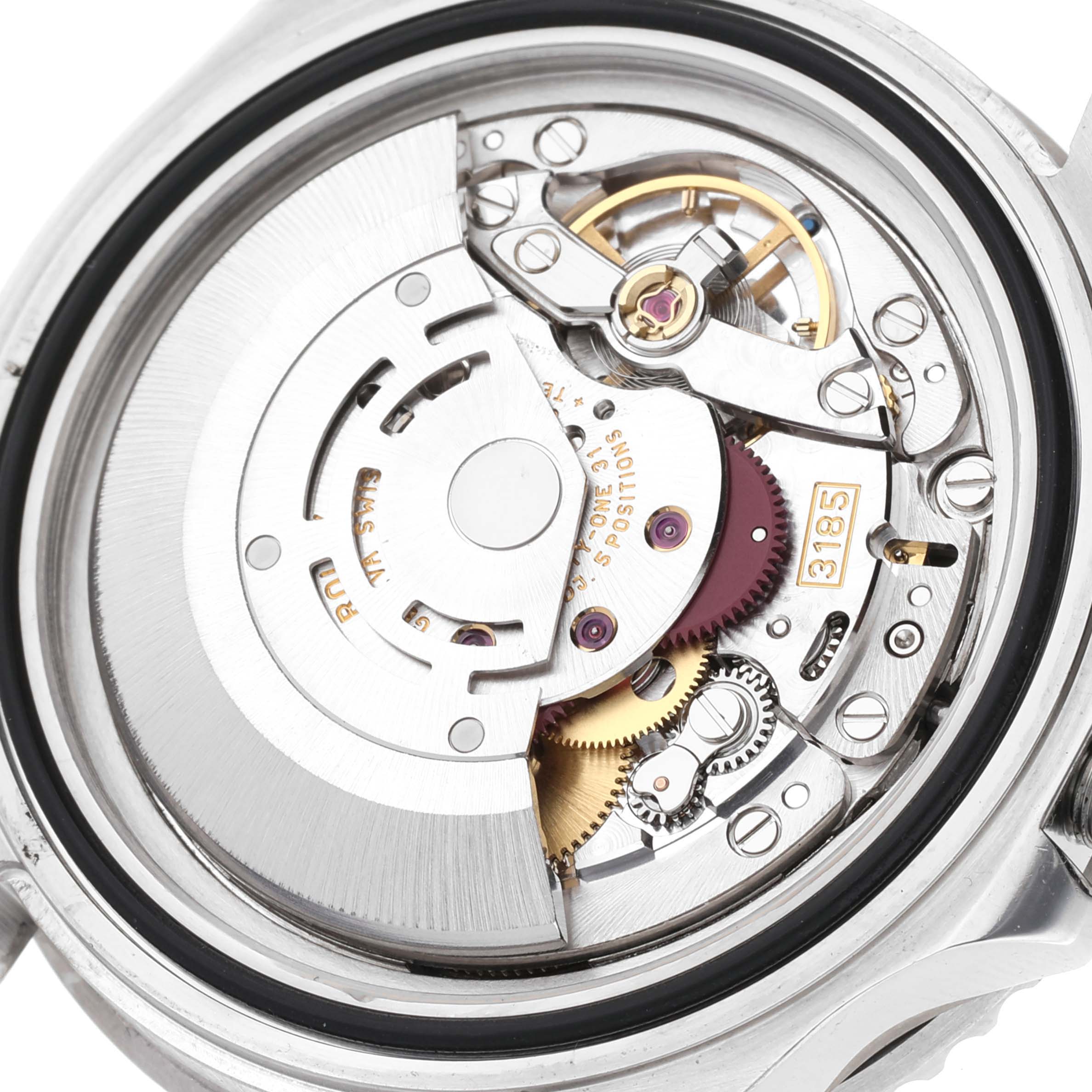 This image shows a close-up view of the movement inside a Rolex GMT-Master 16710 Men's Stainless Steel Black Dial 16710 Men's Stainless Steel Black Dial watch.