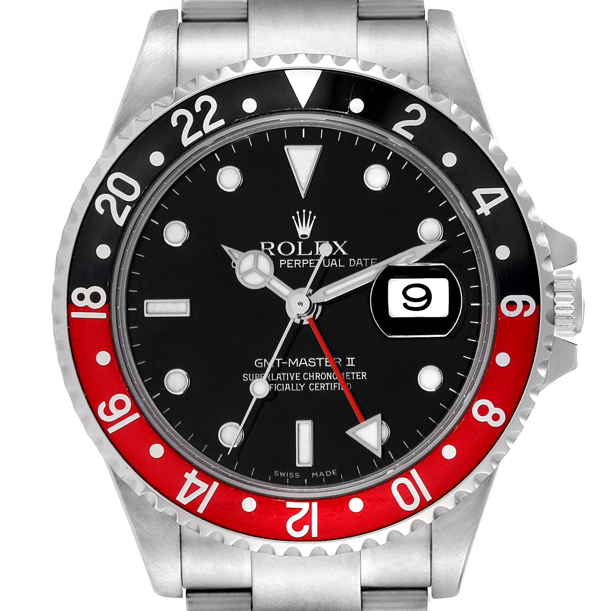 The image shows a front view of a Rolex GMT-Master 16710 Men's Stainless Steel Black Dial 16710 Men's Stainless Steel Black Dial II watch, highlighting the bezel, dial, hands, date display, and part of the bracelet.