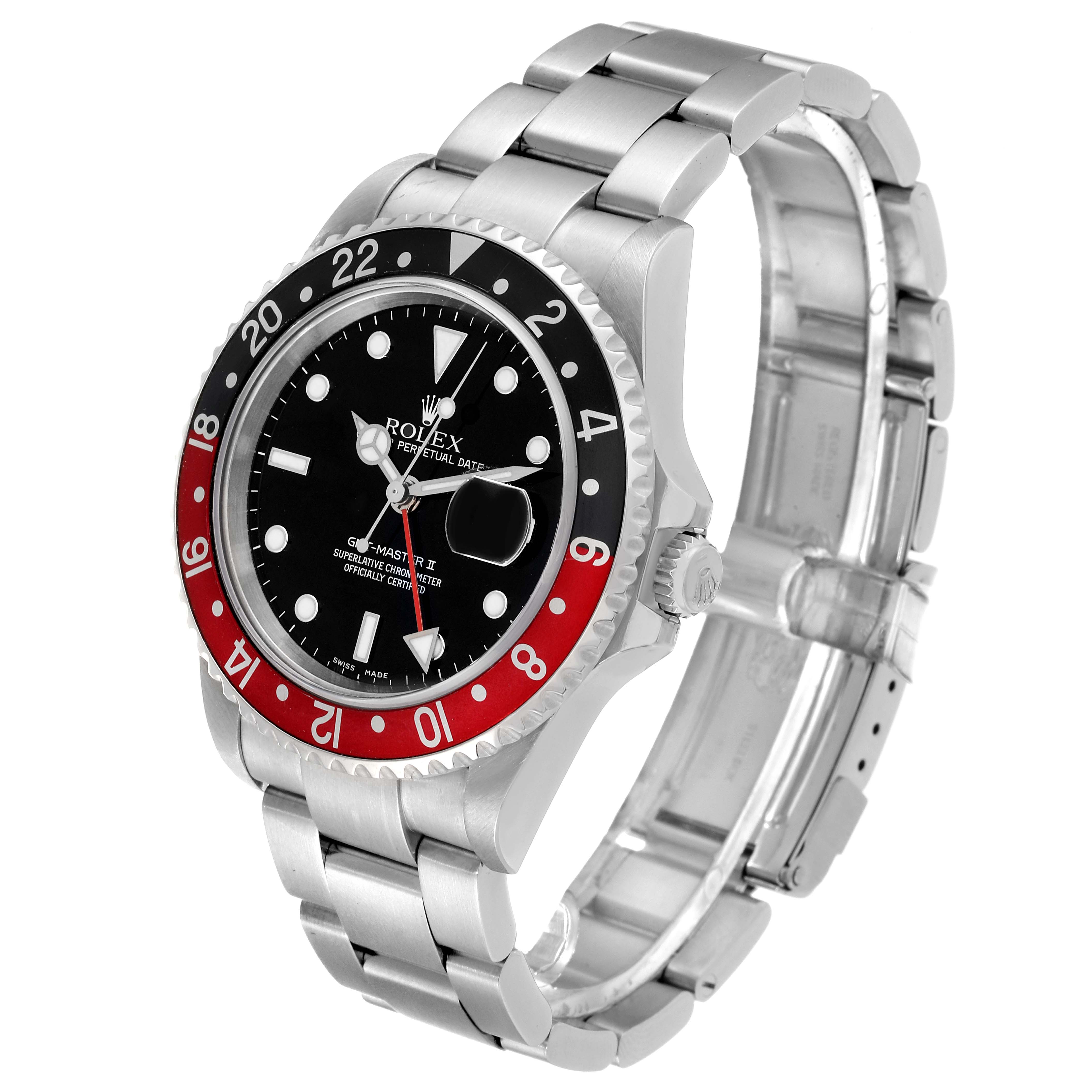 This image shows a Rolex GMT-Master 16710 Men's Stainless Steel Black Dial 16710 Men's Stainless Steel Black Dial II watch at a slight angle, highlighting its face, bezel, clasp, and bracelet.