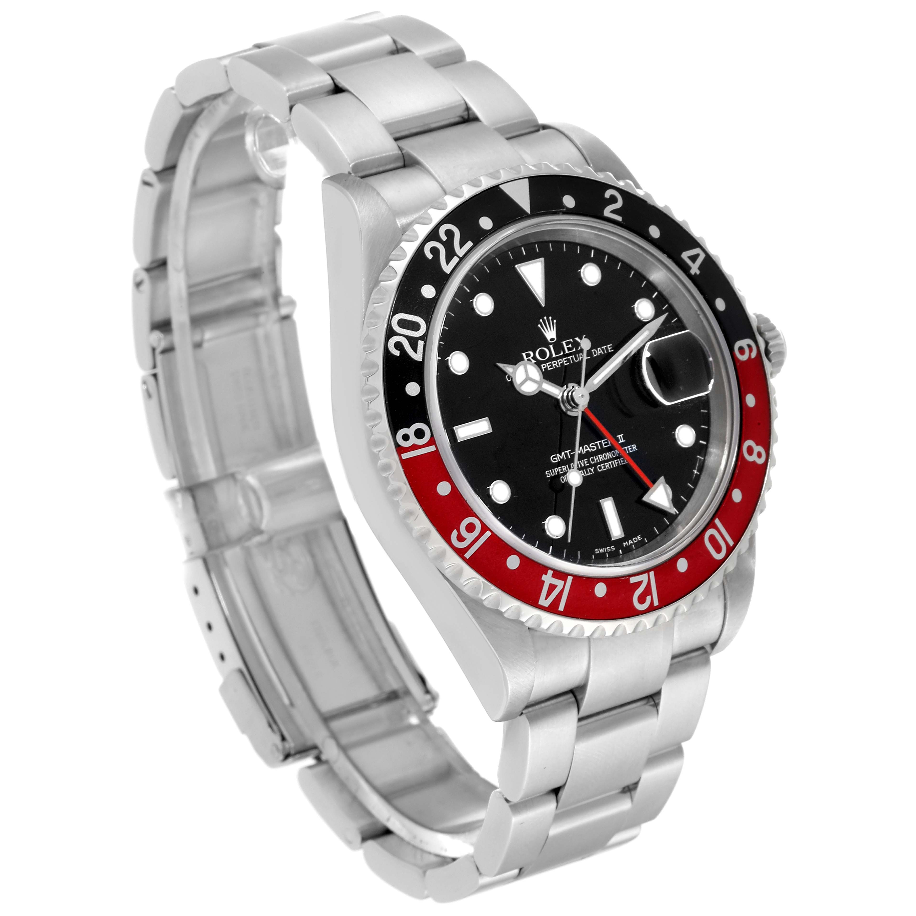 The image shows a Rolex GMT-Master 16710 Men's Stainless Steel Black Dial 16710 Men's Stainless Steel Black Dial watch angled to display the dial, bezel, and bracelet.