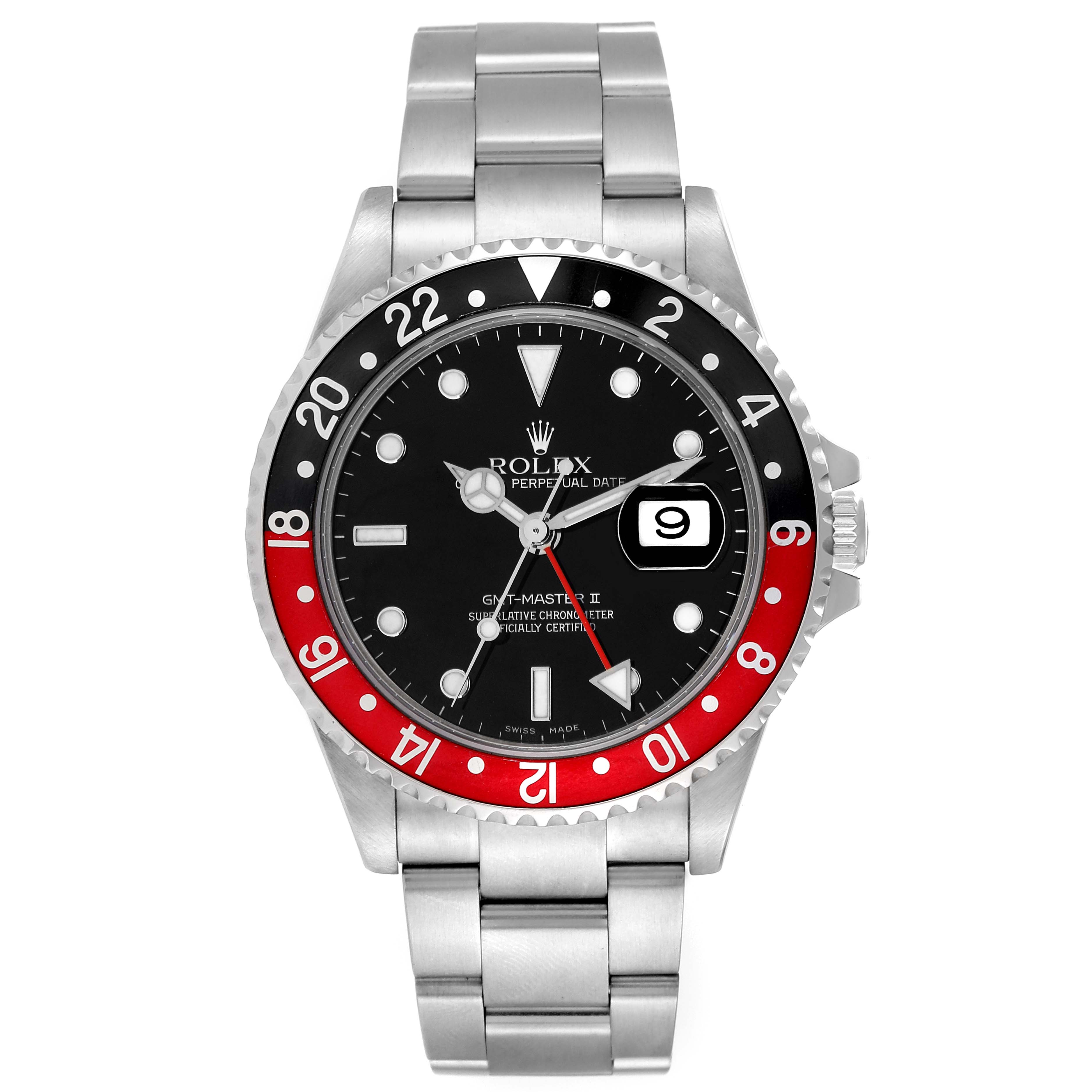 The image shows a front view of the Rolex GMT-Master 16710 Men's Stainless Steel Black Dial 16710 Men's Stainless Steel Black Dial watch, highlighting its bezel, dial, hands, date window, and bracelet.