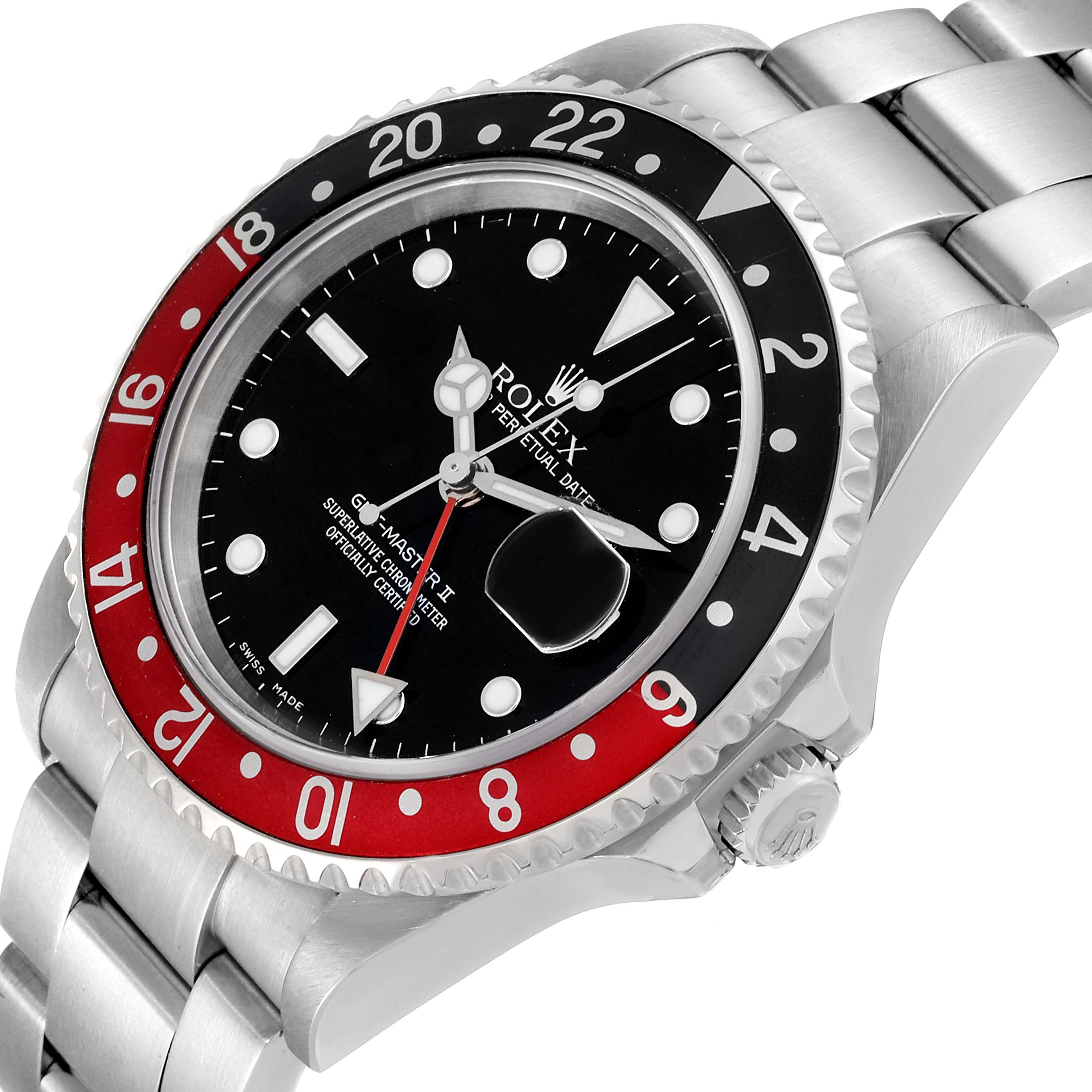 The image shows a Rolex GMT-Master 16710 Men's Stainless Steel Black Dial 16710 Men's Stainless Steel Black Dial II watch from an angled top view, displaying its bezel, dial, bracelet, and crown.
