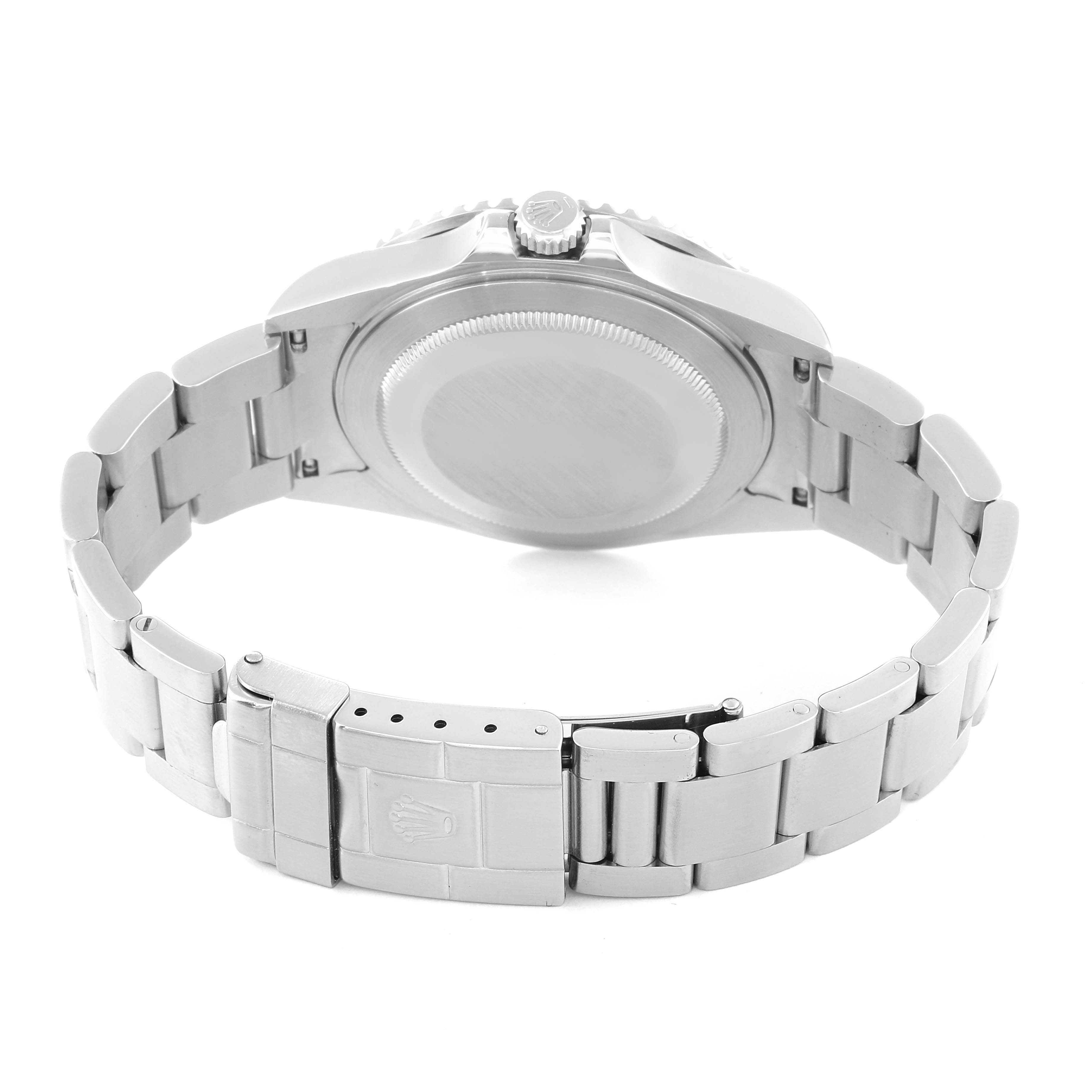 The image shows the back view of the Rolex GMT-Master 16710 Men's Stainless Steel Black Dial 16710 Men's Stainless Steel Black Dial watch, highlighting its case back and metal bracelet.