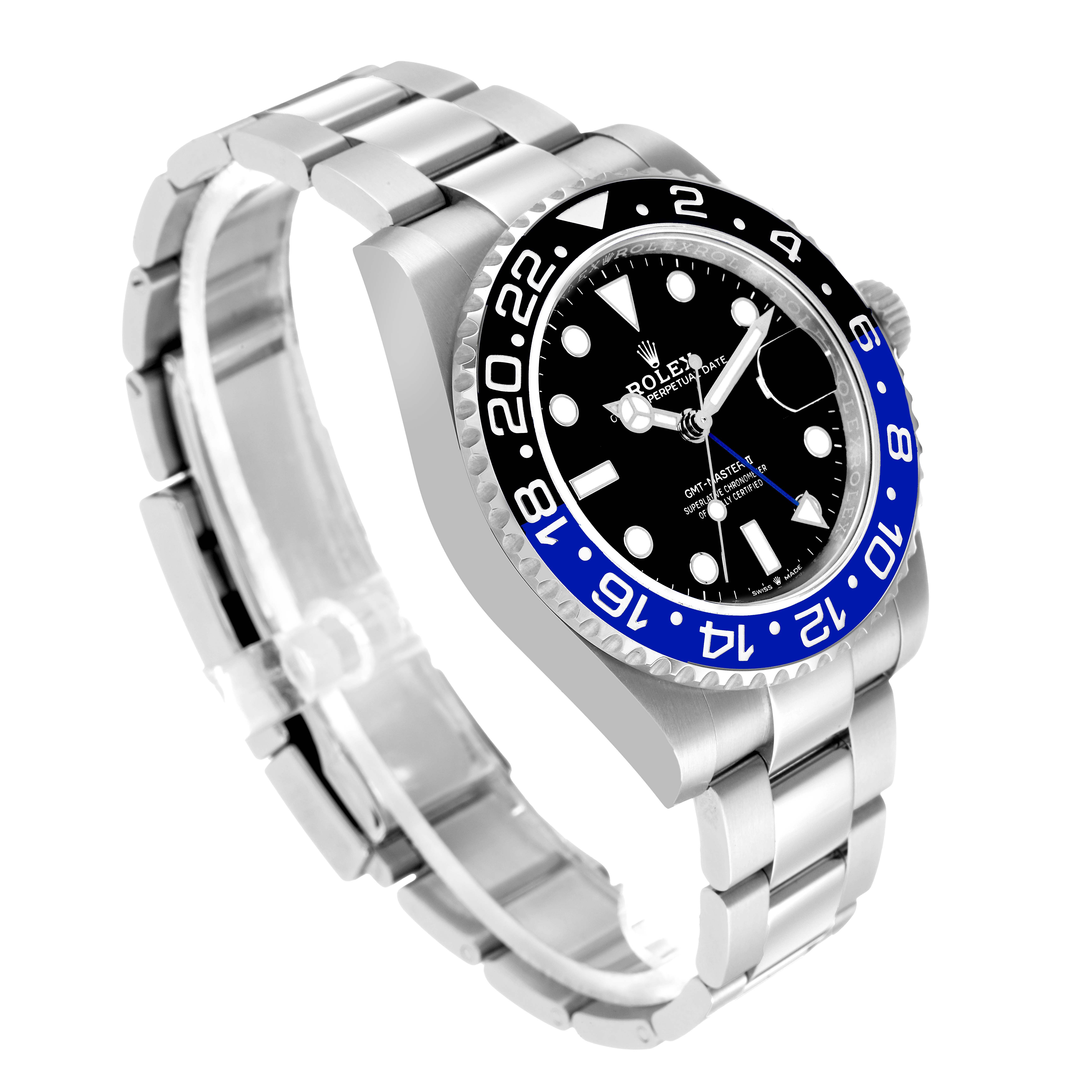 The Rolex GMT-Master 126710BLNR Men's Stainless Steel Black Dial watch is shown at a three-quarter angle, highlighting its bezel, dial, and bracelet.