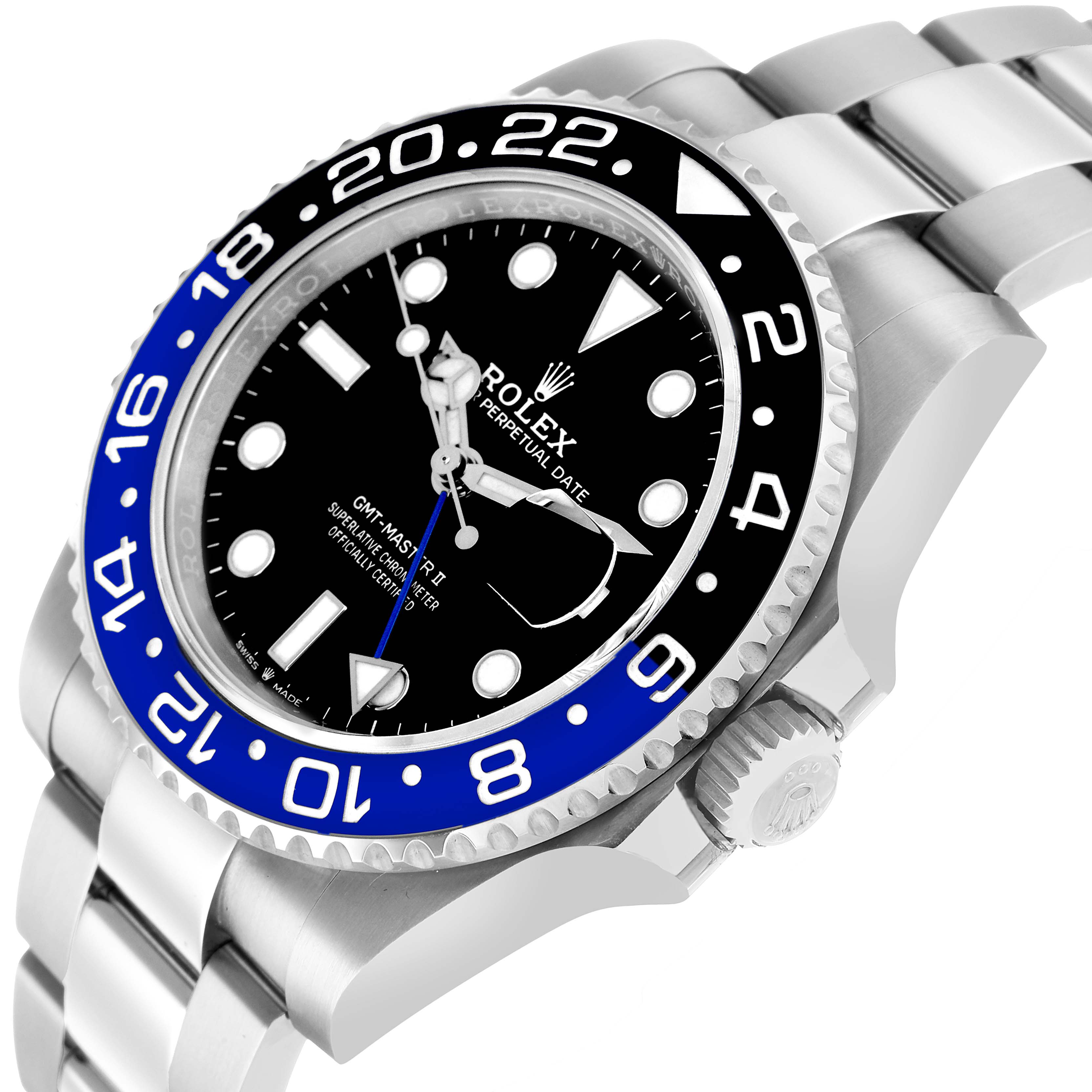 The Rolex GMT-Master 126710BLNR Men's Stainless Steel Black Dial watch is shown at a three-quarter angle, highlighting the bezel, dial, crown, and bracelet.