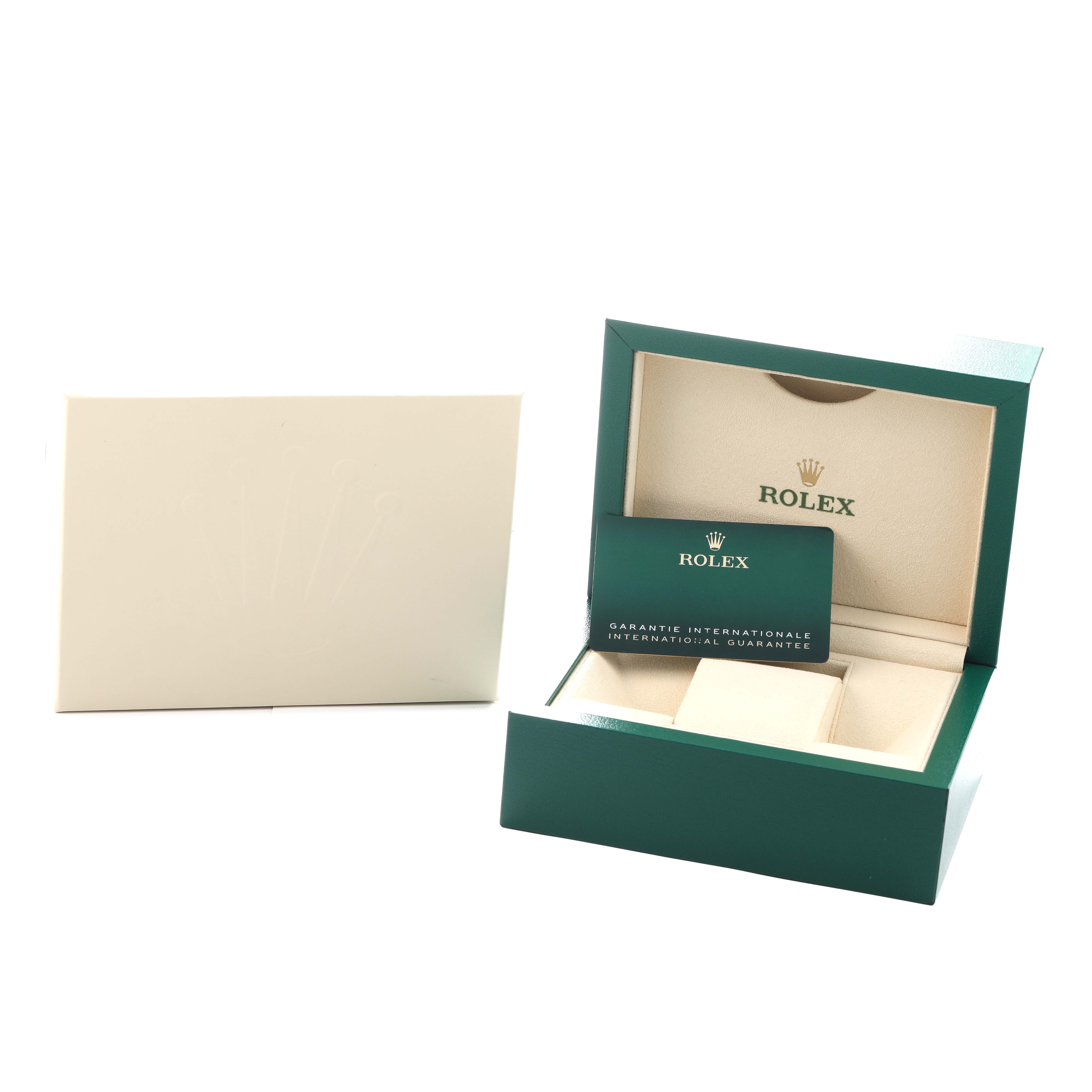 The image shows the open box and warranty card for the Rolex GMT-Master 126710BLNR Men's Stainless Steel Black Dial watch, viewed from the front.