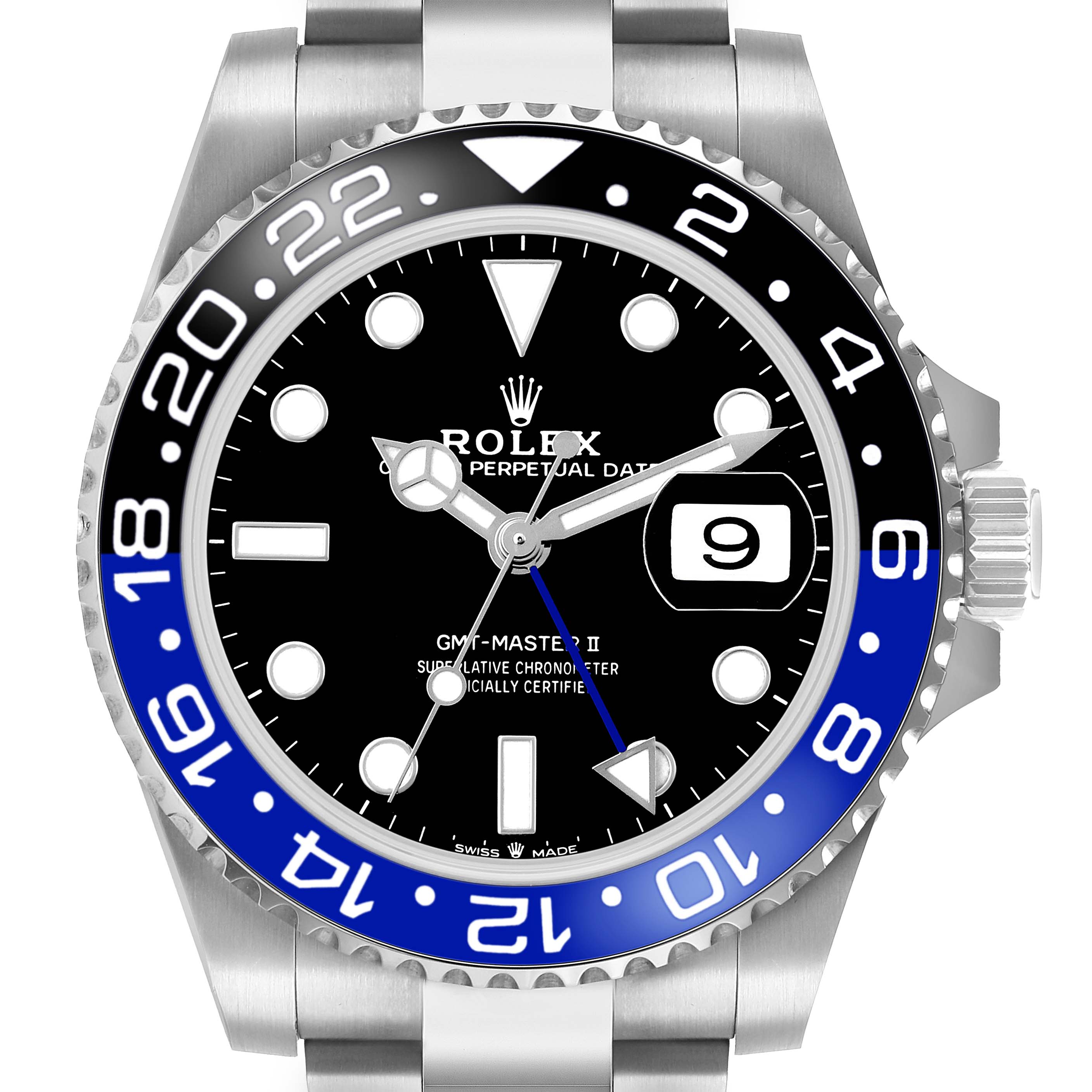The Rolex GMT-Master 126710BLNR Men's Stainless Steel Black Dial watch is shown from the front, displaying the bezel, dial, and crown with the date window visible.