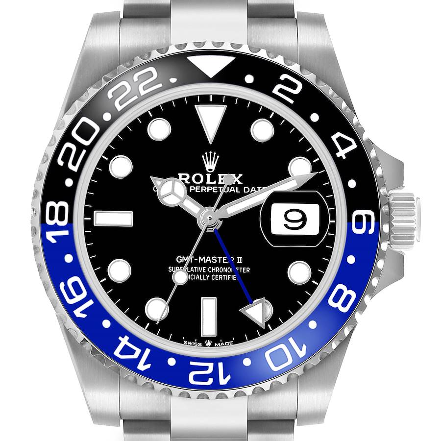 The Rolex GMT-Master 126710BLNR Men's Stainless Steel Black Dial watch is shown from the front, displaying the bezel, dial, and crown with the date window visible.