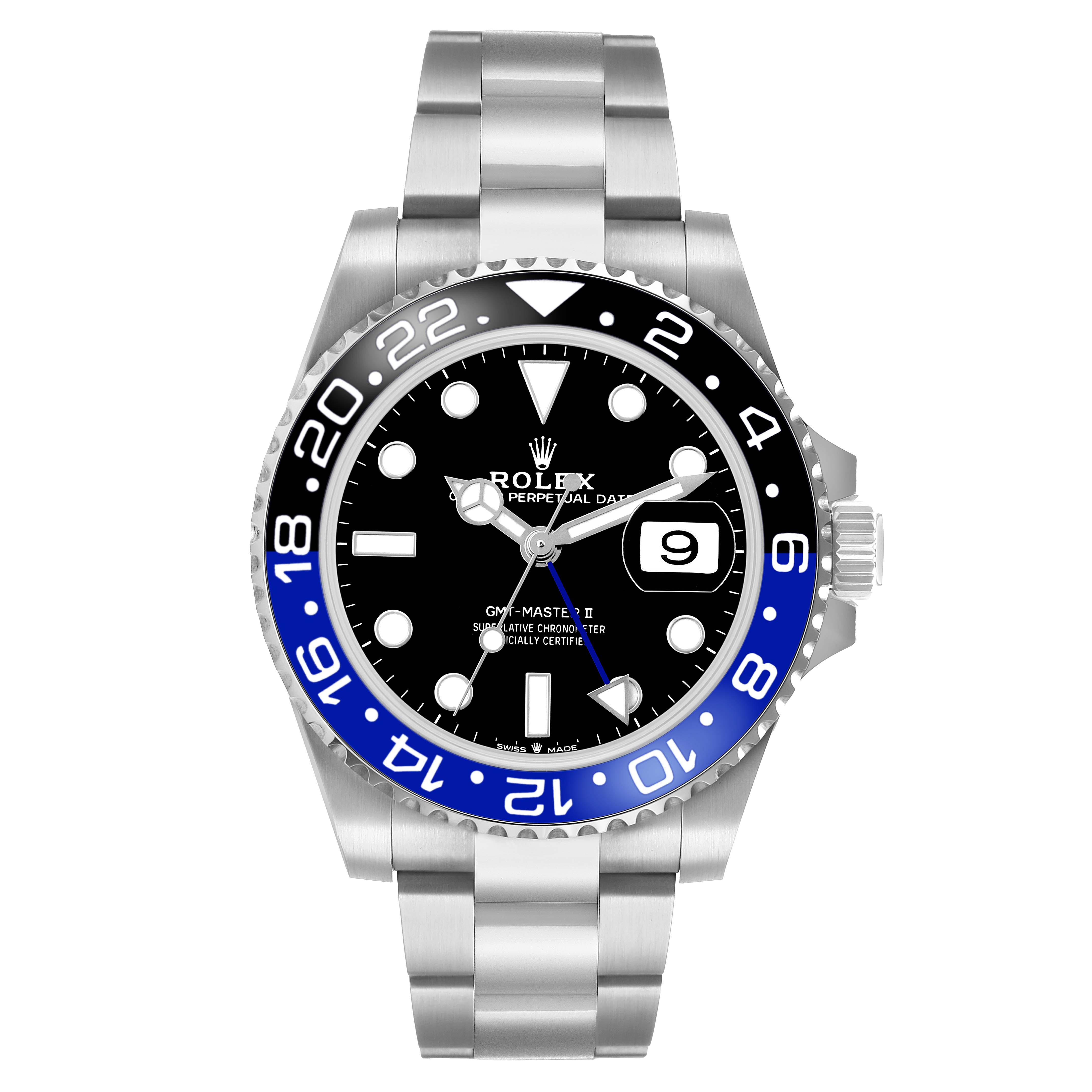 The Rolex GMT-Master 126710BLNR Men's Stainless Steel Black Dial model is shown from a front angle, displaying the dial, bezel, crown, and bracelet.