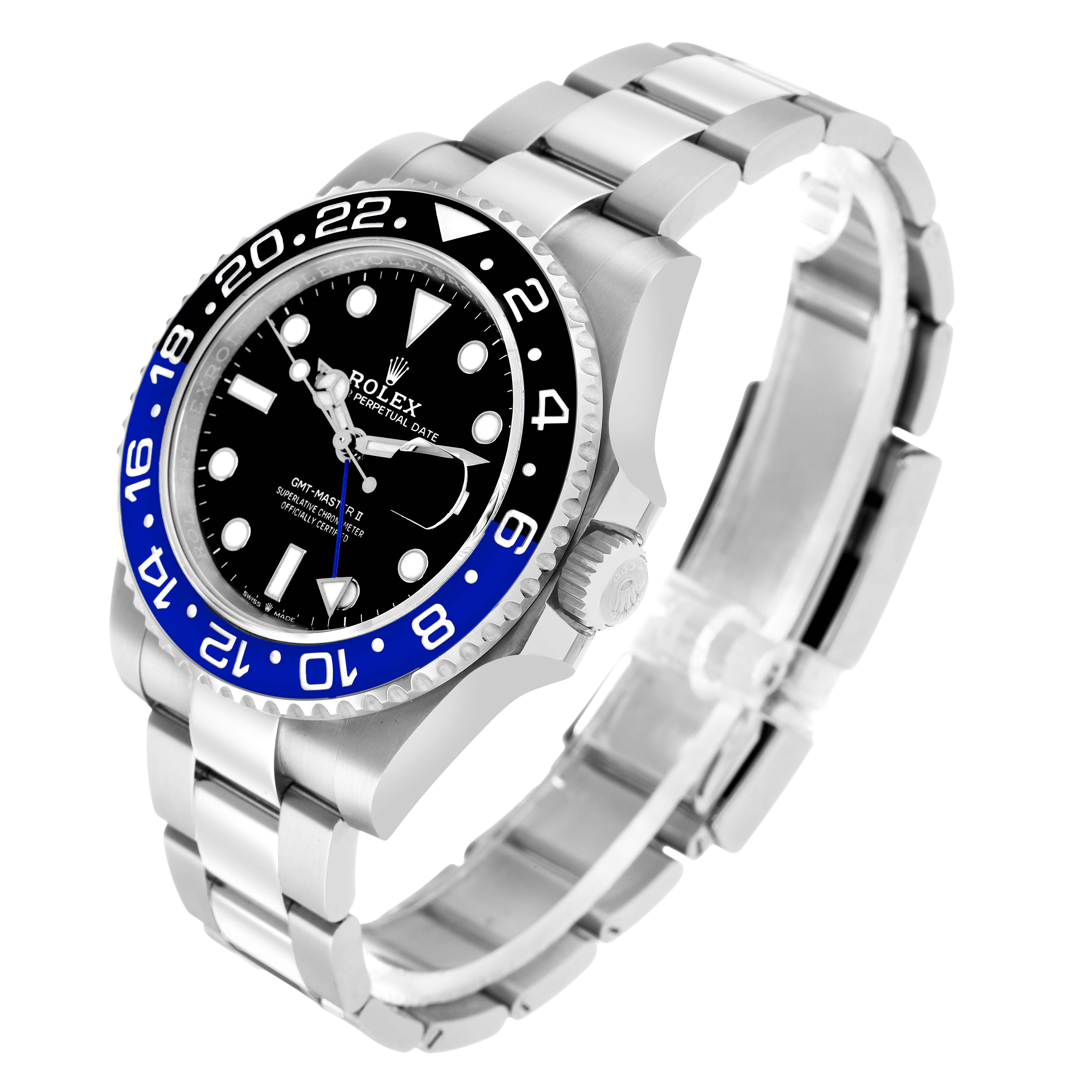 The image shows a Rolex GMT-Master 126710BLNR Men's Stainless Steel Black Dial watch at an angled view highlighting the bezel, dial, bracelet, and crown.