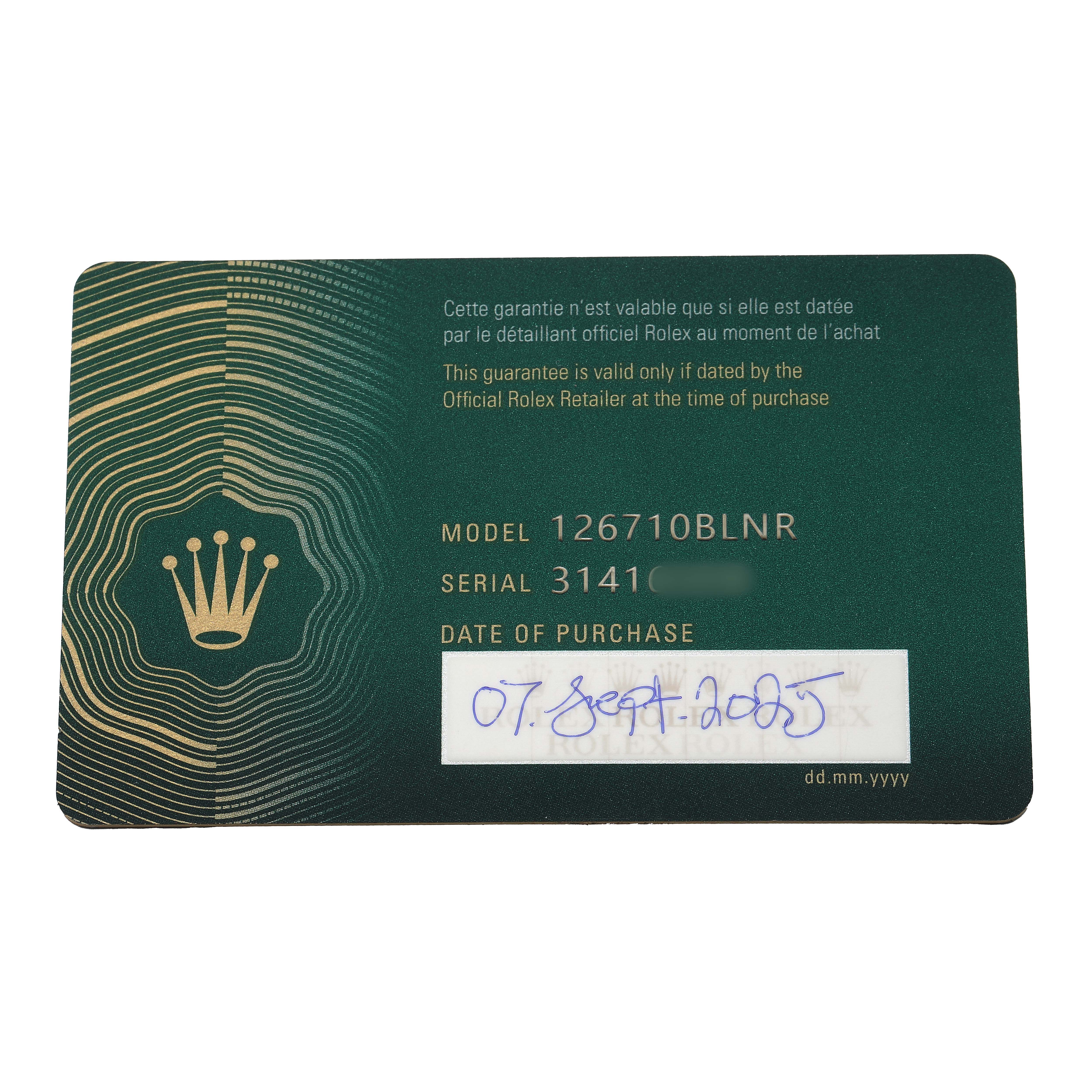 The image shows a warranty card for the Rolex GMT-Master 126710BLNR Men's Stainless Steel Black Dial model, displaying model and serial numbers.