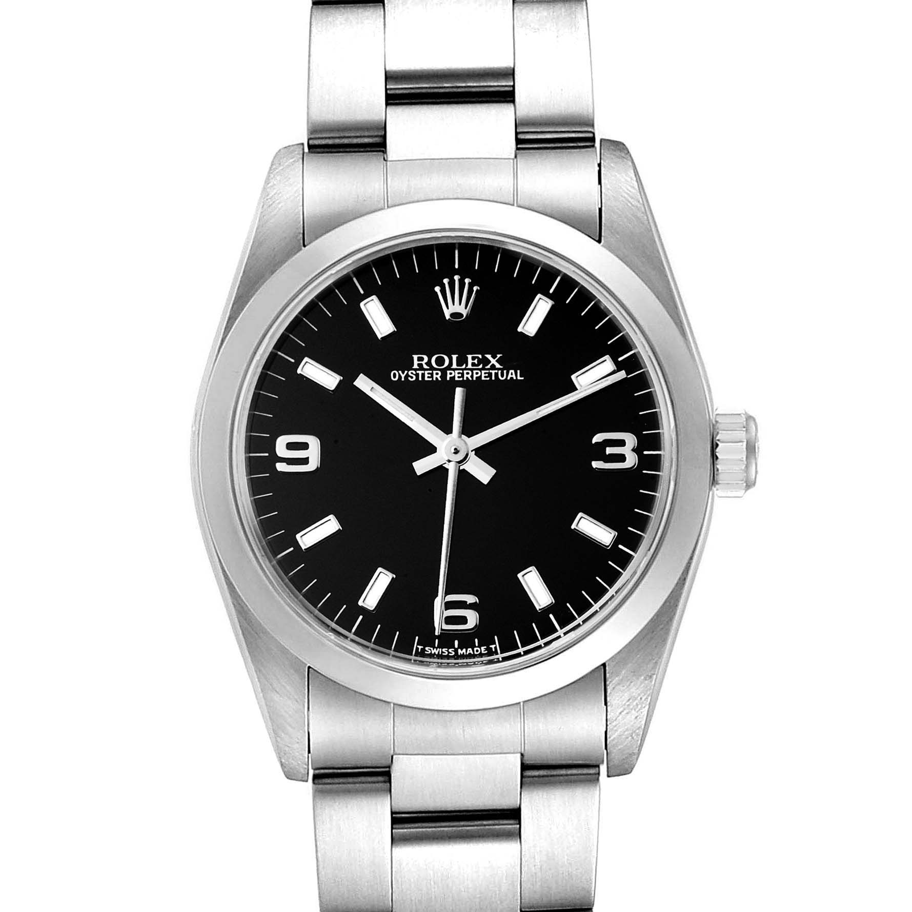 The image shows a front view of a Rolex Oyster Perpetual Mid-Size watch with a black dial and stainless steel bracelet.