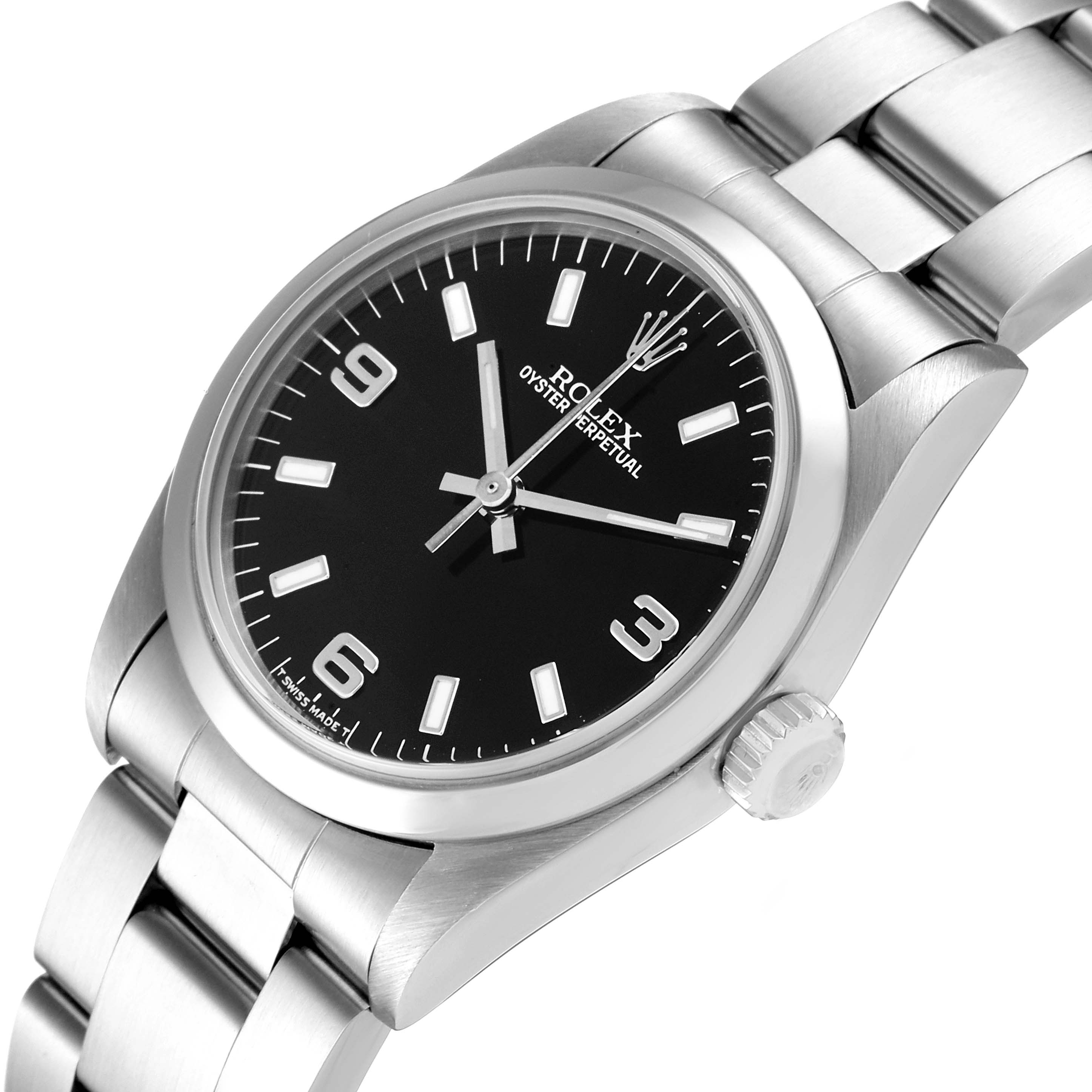 The image shows a side angle of a Rolex Mid-Size 67480 Women's Stainless Steel Black Dial 67480 Women's Stainless Steel Black Dial Oyster Perpetual watch, highlighting its black dial, stainless steel case, and bracelet.