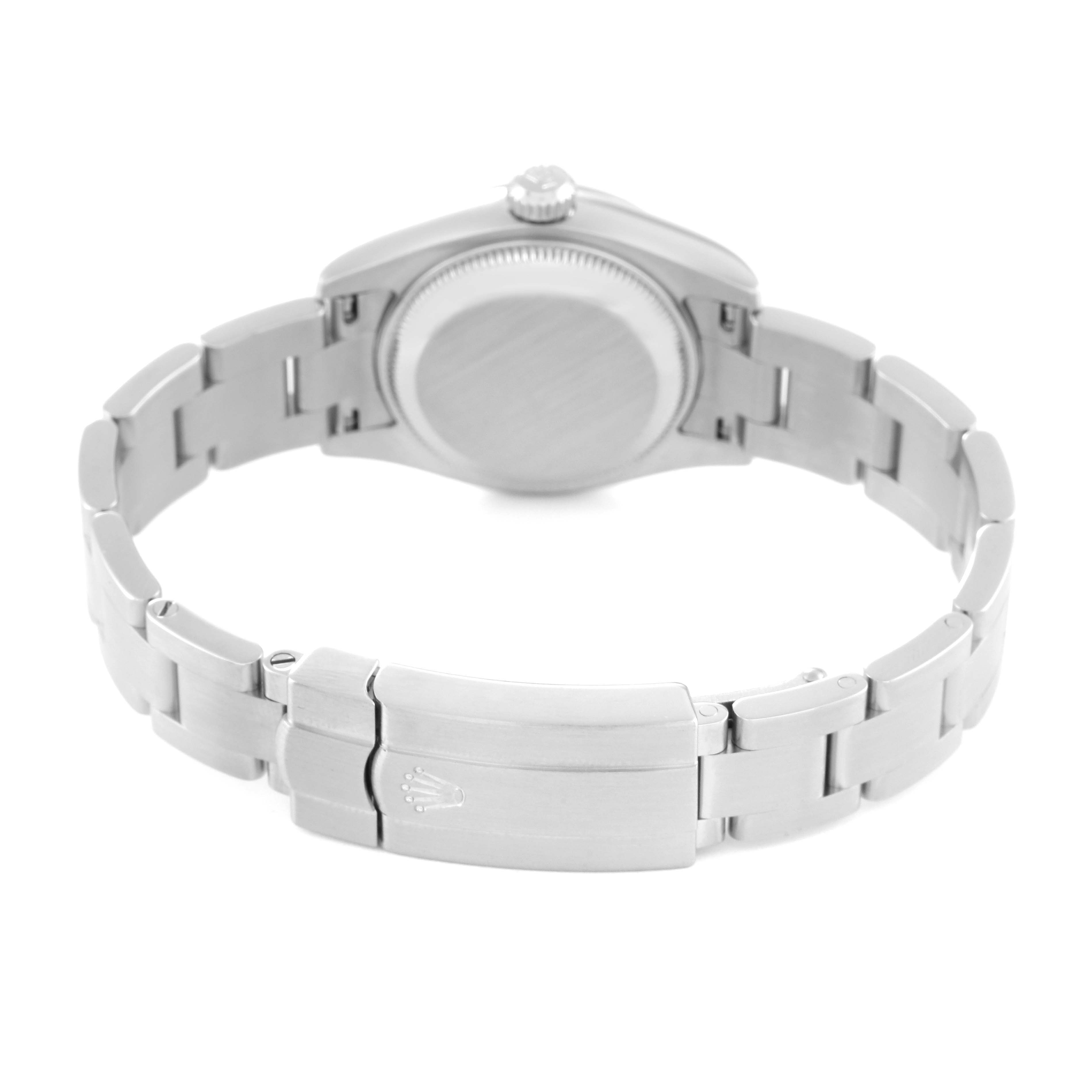 The image shows the back view of a Rolex Oyster Perpetual 176200 Women's Stainless Steel Black Dial 176200 Women's Stainless Steel Black Dial watch, highlighting its bracelet and clasp.