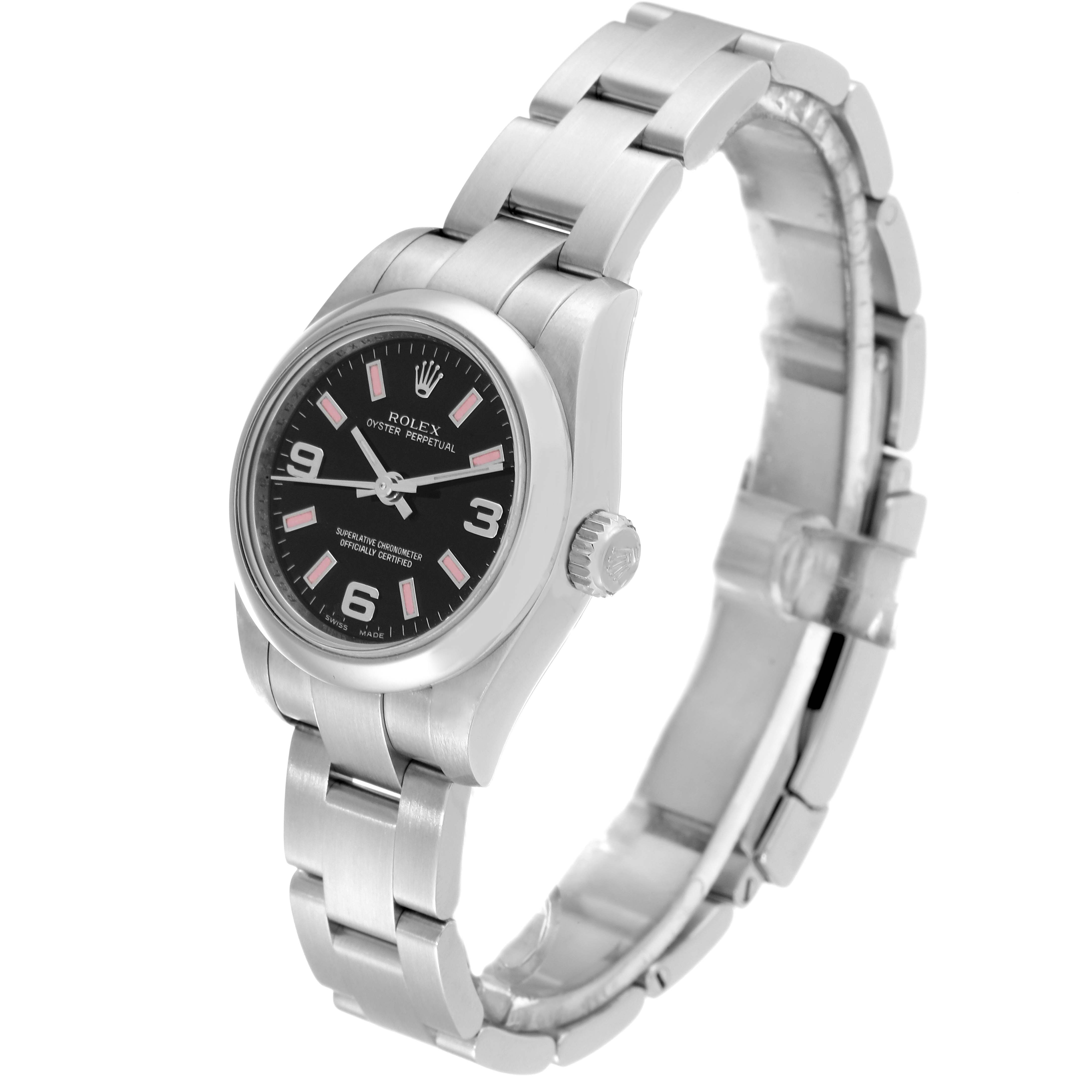 The image shows a side view of a Rolex Oyster Perpetual 176200 Women's Stainless Steel Black Dial 176200 Women's Stainless Steel Black Dial watch, displaying its face, crown, and metal bracelet.