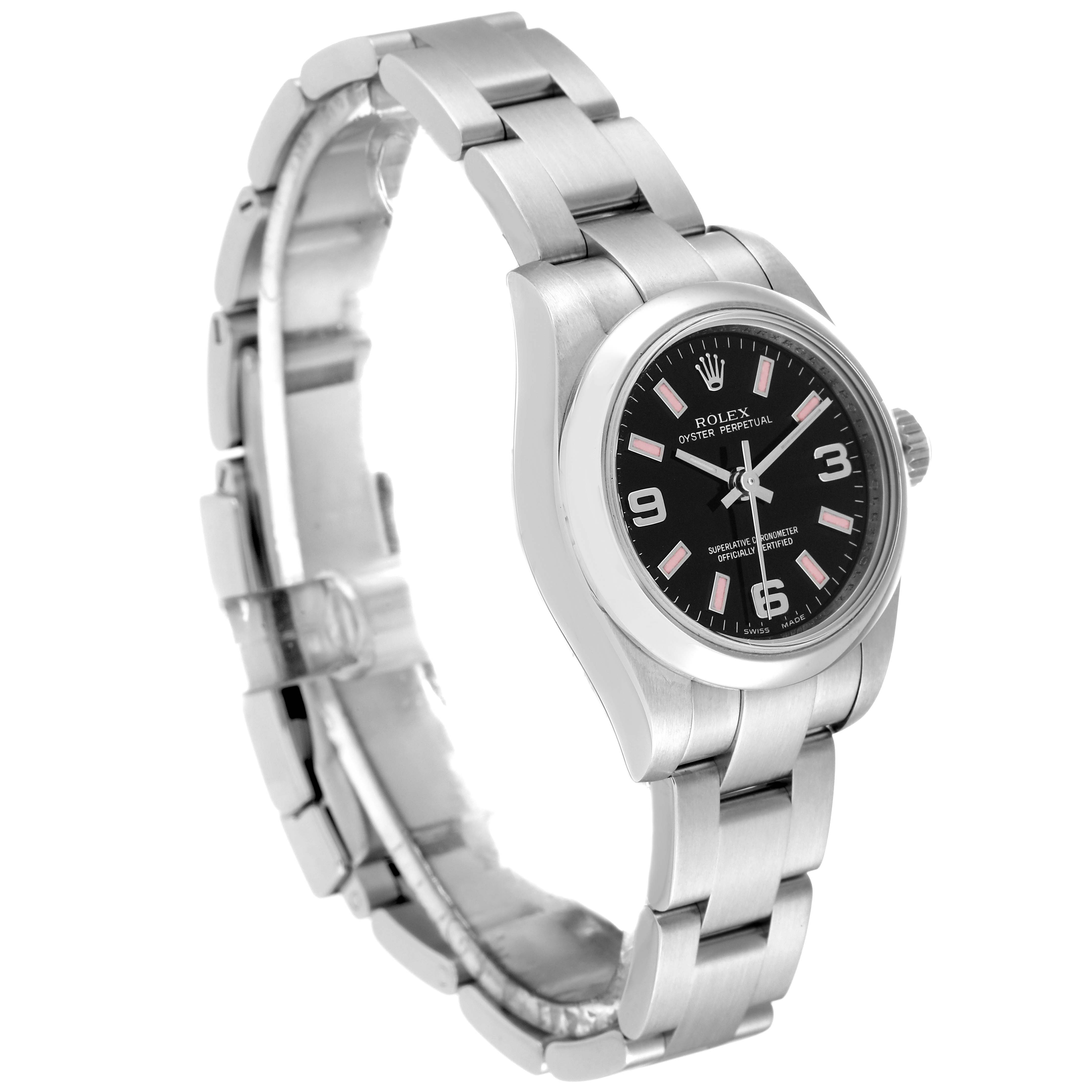 The watch is a Rolex Oyster Perpetual 176200 Women's Stainless Steel Black Dial 176200 Women's Stainless Steel Black Dial model, shown at a slight angle, highlighting the black dial and metal bracelet.
