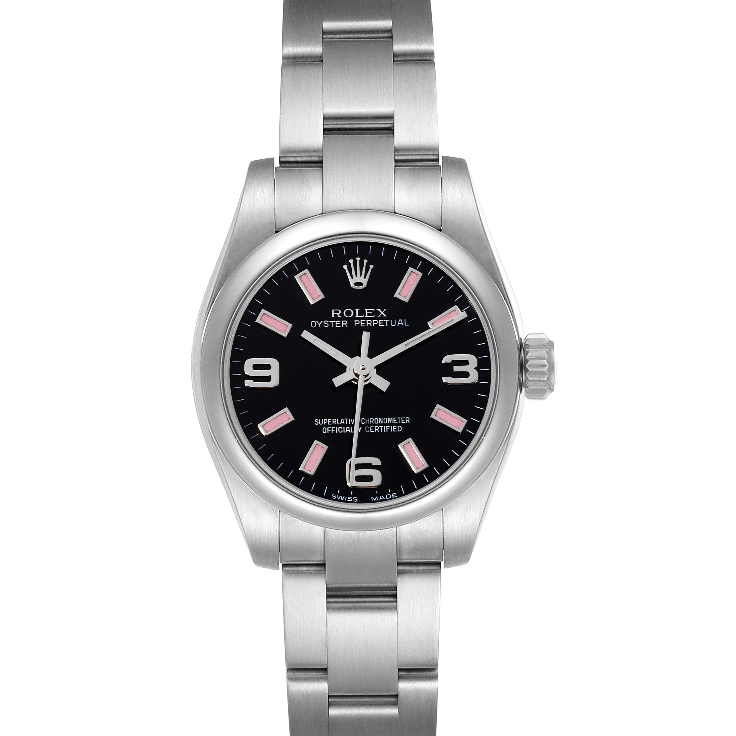 The image shows a front view of the Rolex Oyster Perpetual 176200 Women's Stainless Steel Black Dial 176200 Women's Stainless Steel Black Dial watch, displaying the watch face, bezel, and bracelet.