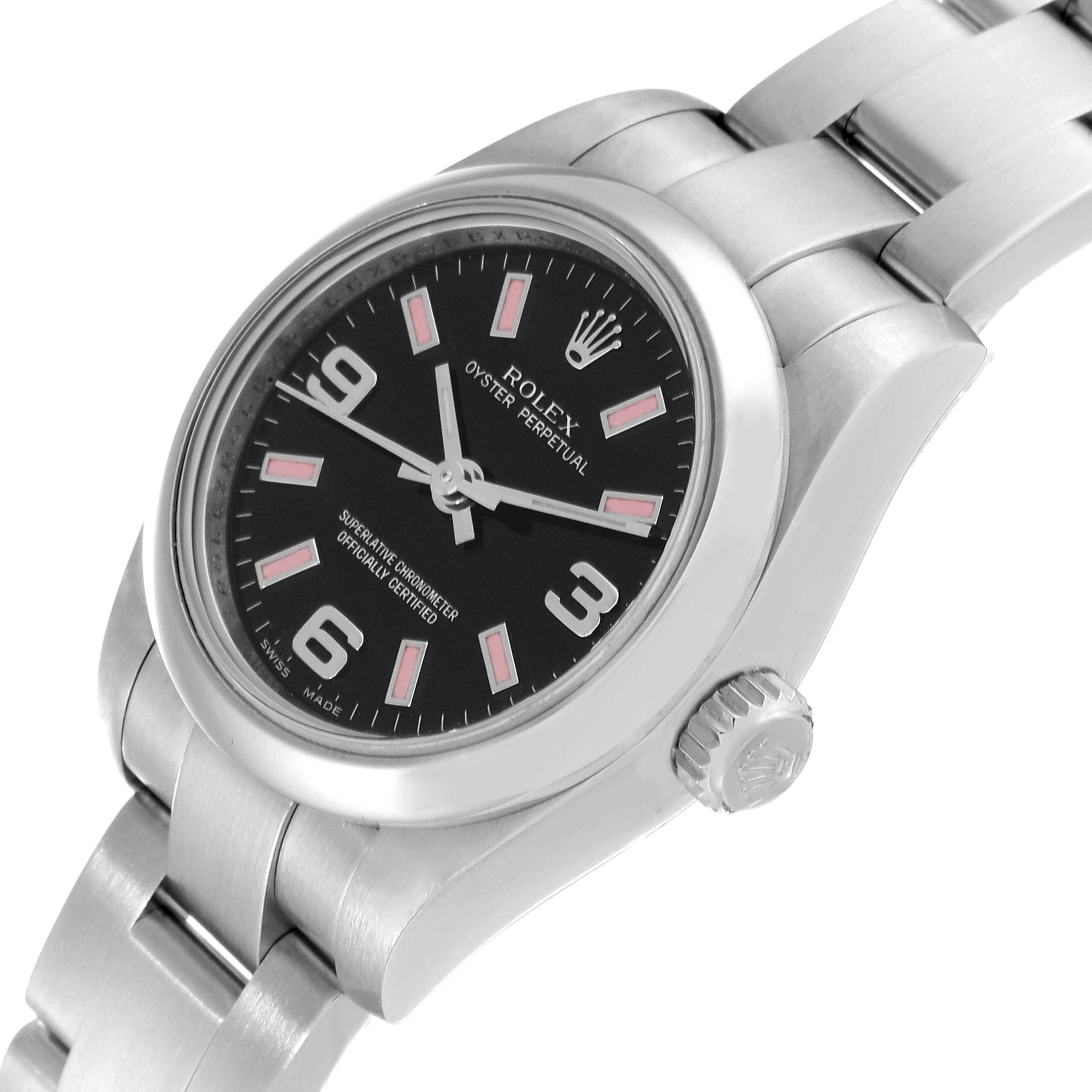 This image shows the Rolex Oyster Perpetual 176200 Women's Stainless Steel Black Dial 176200 Women's Stainless Steel Black Dial watch from an angled top-down view, highlighting its face, bezel, and bracelet.