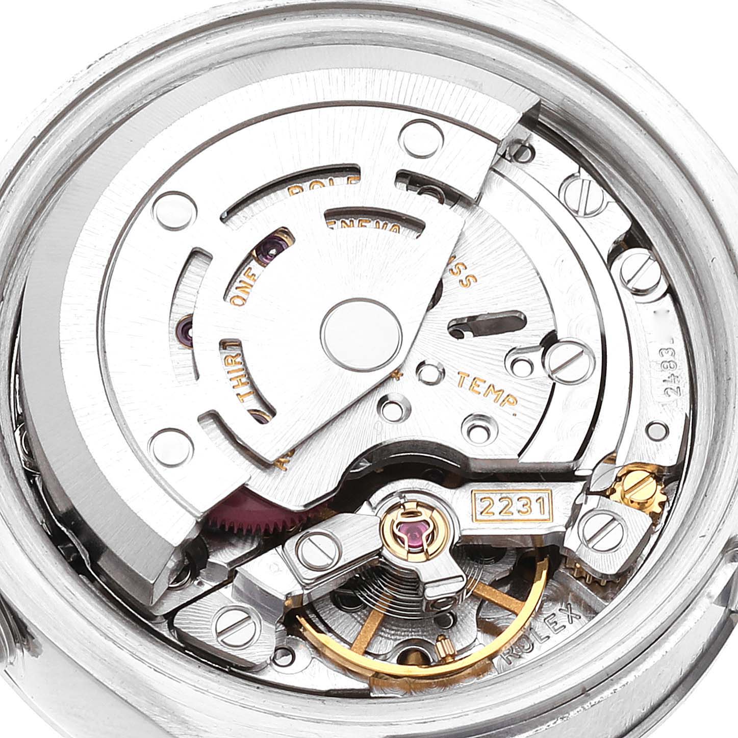 The image shows the detailed inner mechanical movement of a Rolex Oyster Perpetual 176200 Women's Stainless Steel Black Dial 176200 Women's Stainless Steel Black Dial watch.