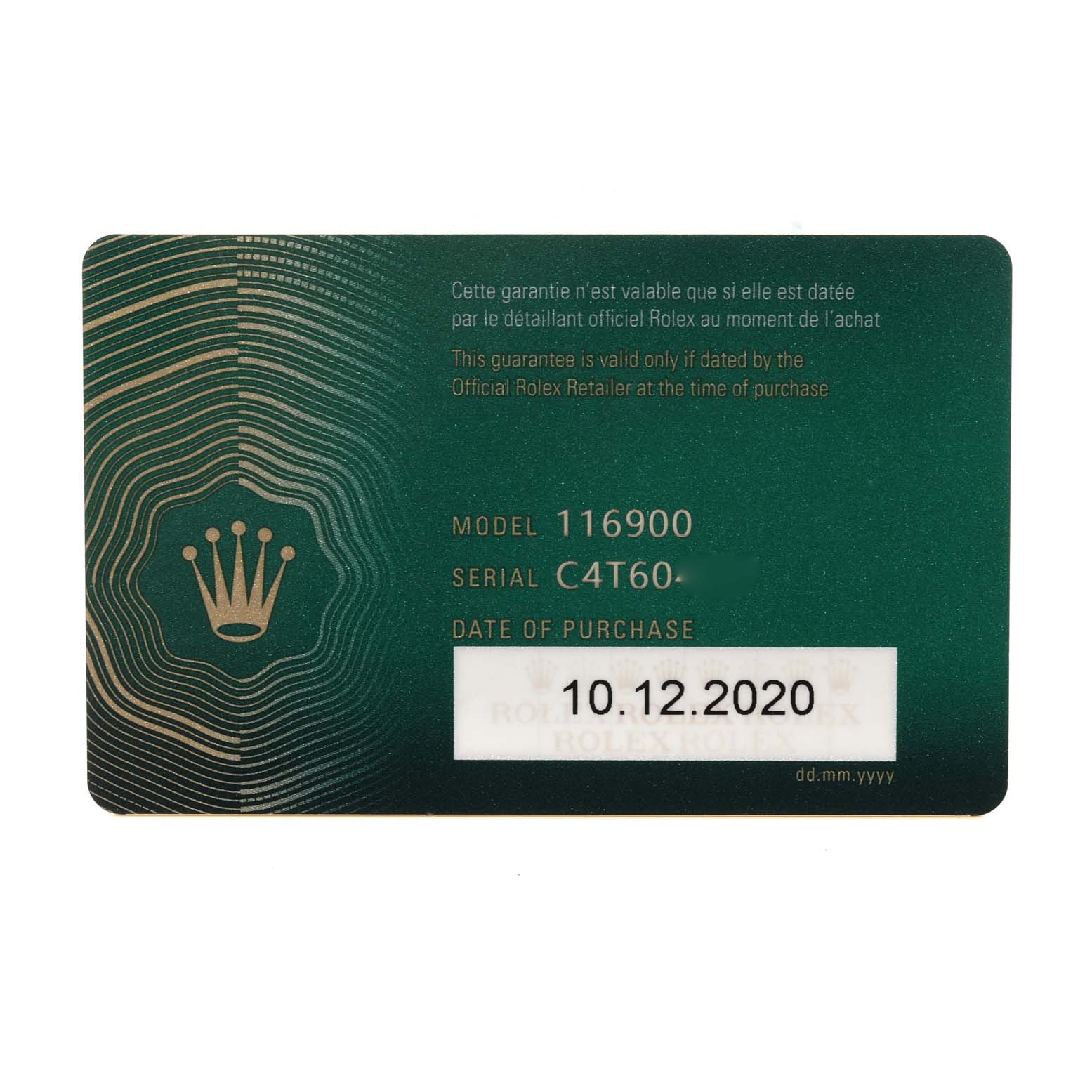 This image shows a warranty card for the Rolex Air-King 116900 Men's Stainless Steel Black Dial 116900 Men's Stainless Steel Black Dial model 116900, including its serial number and date of purchase.