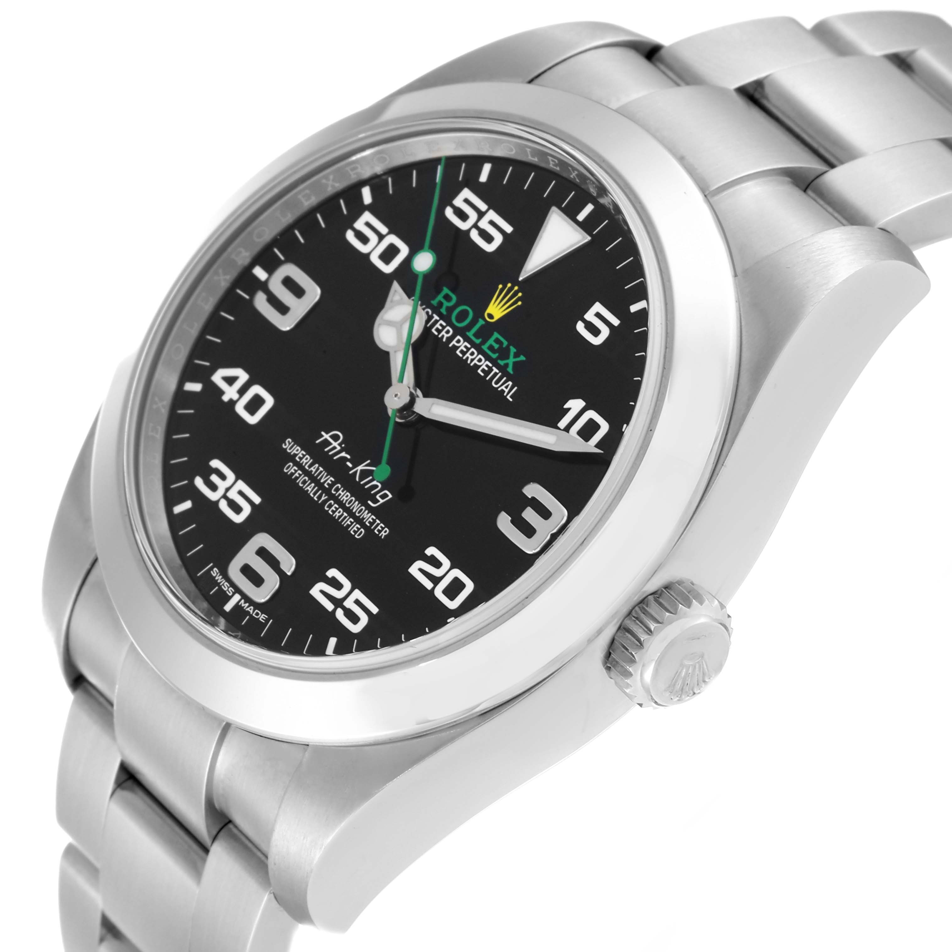 The image shows a close-up angle of the Rolex Air-King 116900 Men's Stainless Steel Black Dial 116900 Men's Stainless Steel Black Dial watch, highlighting the dial, crown, and part of the bracelet.