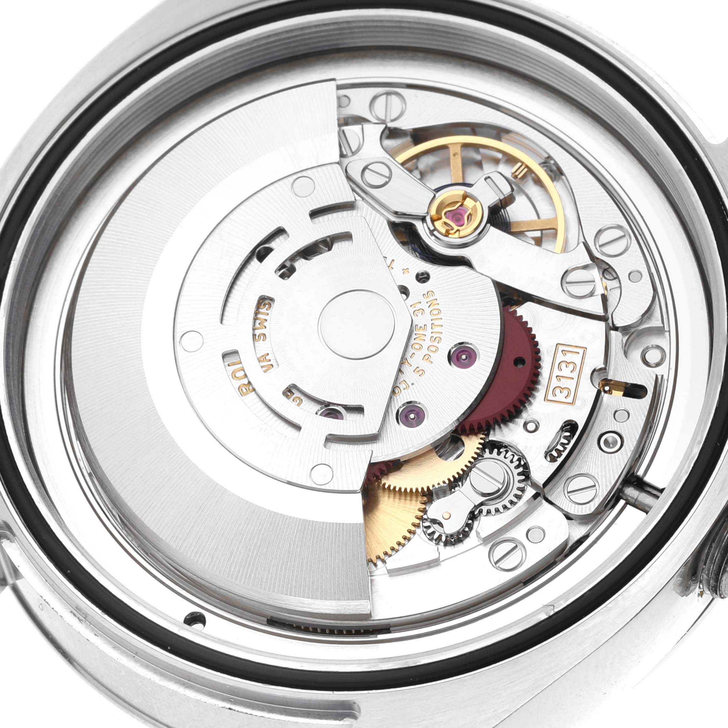 This image shows the intricate internal movement parts of a Rolex Air-King 116900 Men's Stainless Steel Black Dial 116900 Men's Stainless Steel Black Dial watch from a rear, open-case angle.
