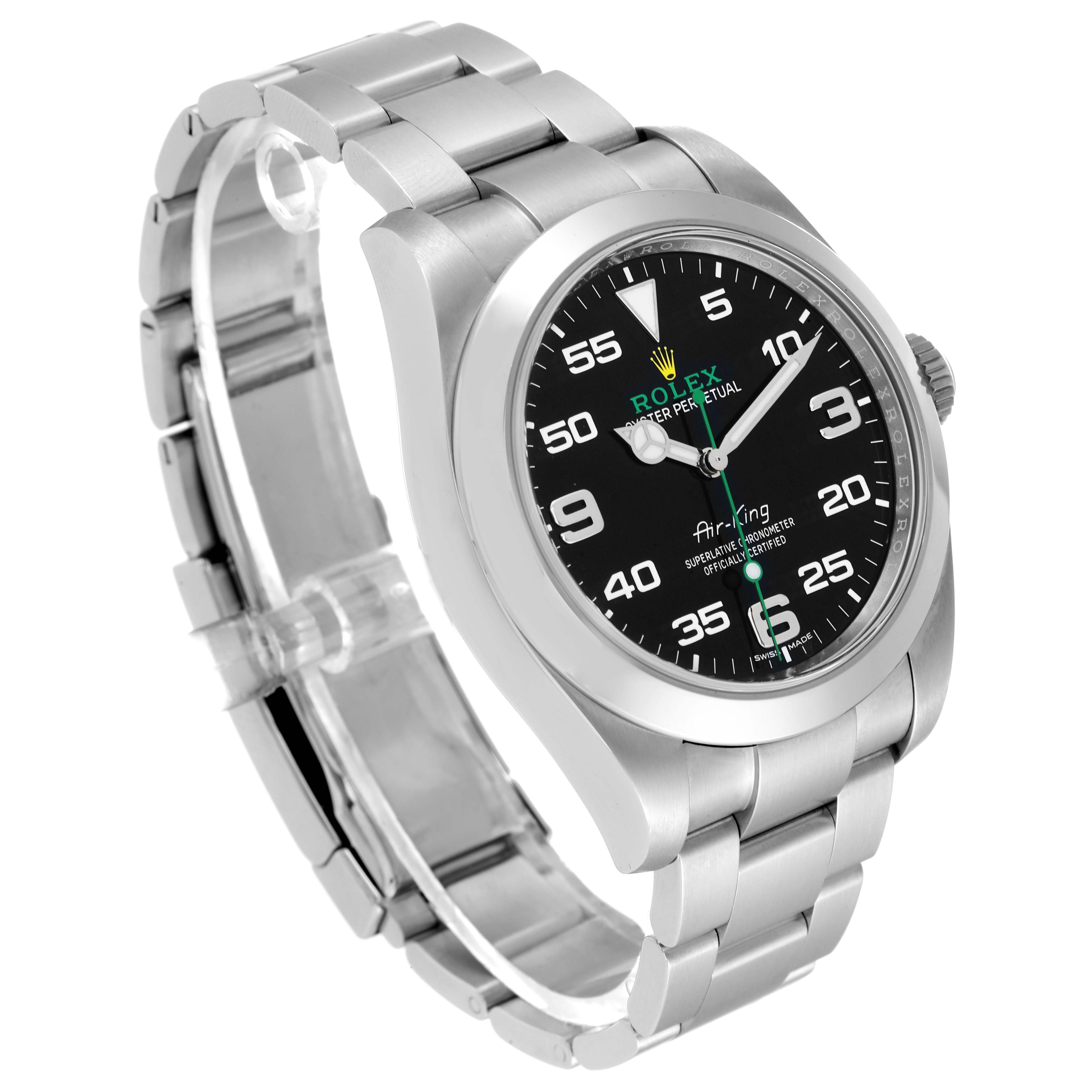 The image shows a Rolex Air-King 116900 Men's Stainless Steel Black Dial 116900 Men's Stainless Steel Black Dial watch at a three-quarter angle, highlighting the black dial, silver bracelet, and stainless steel case.